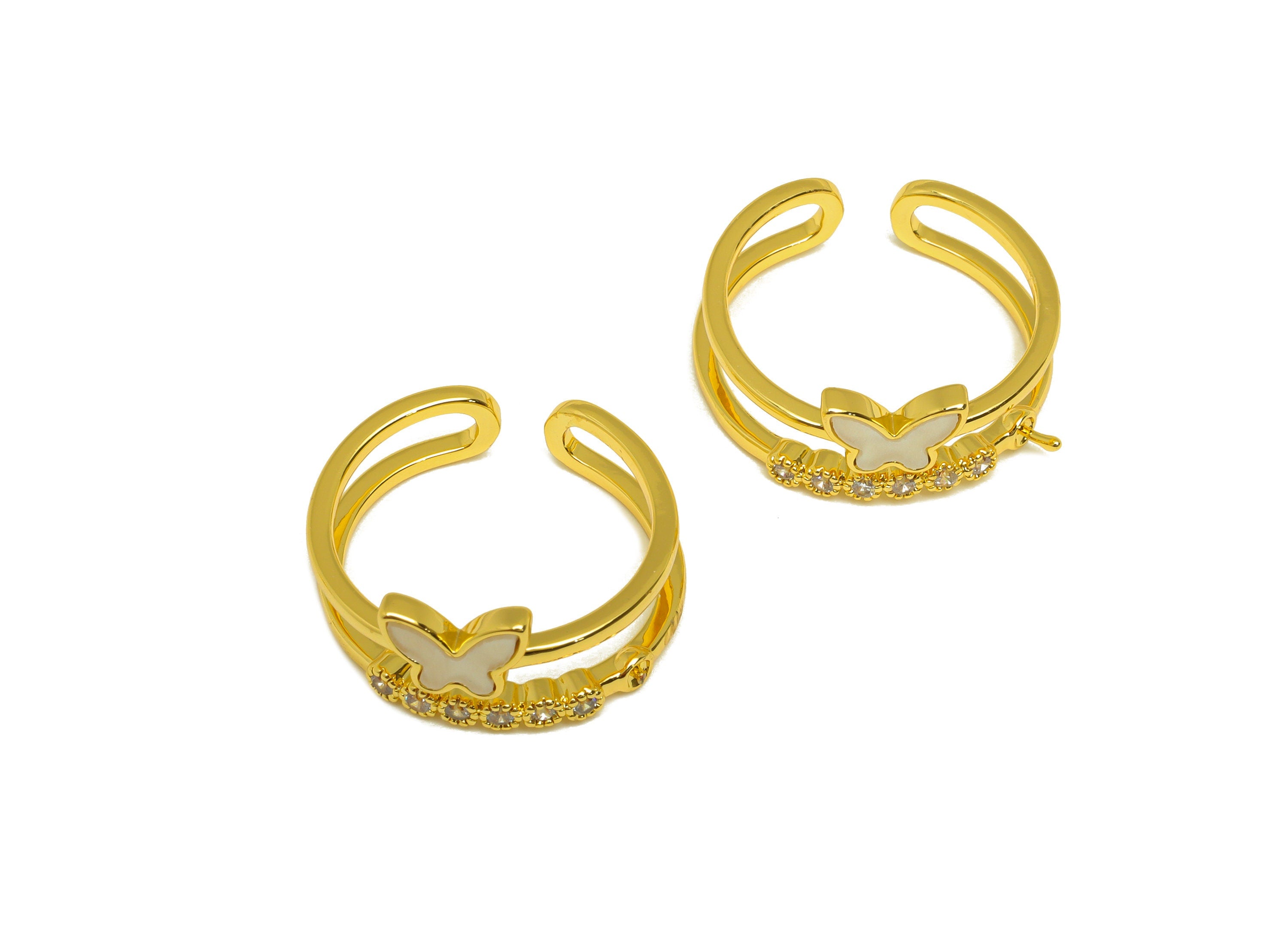 Brass CZ Ring - Brass Butterfly Ring Setting - Brass Mother Of Pearl Ring - Zircon Open Ring - 18K Real Gold Plating - 22x11.6x2mm - RGP6989 - DOMEDBAZAAR