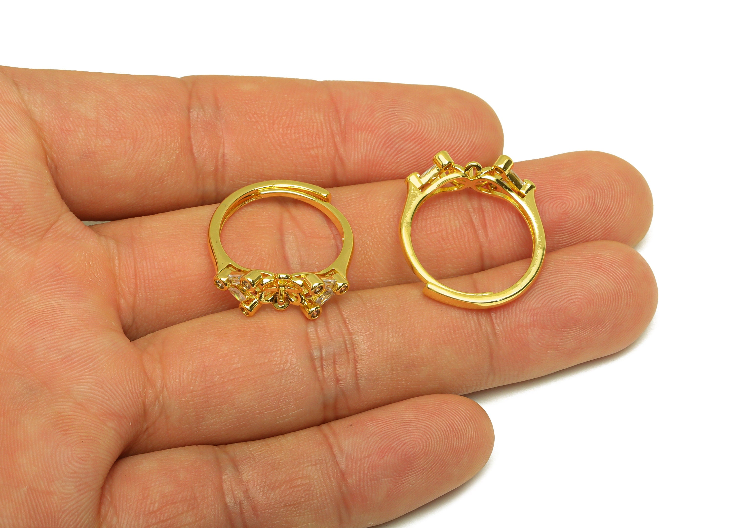 Brass CZ Ring - Brass Rectangle Ring - Brass Rings For Pearl - Cubic Zircon Adjustable Ring - 18K Real Gold Plating - 23x7.59x2mm - RGP7005 - DOMEDBAZAAR