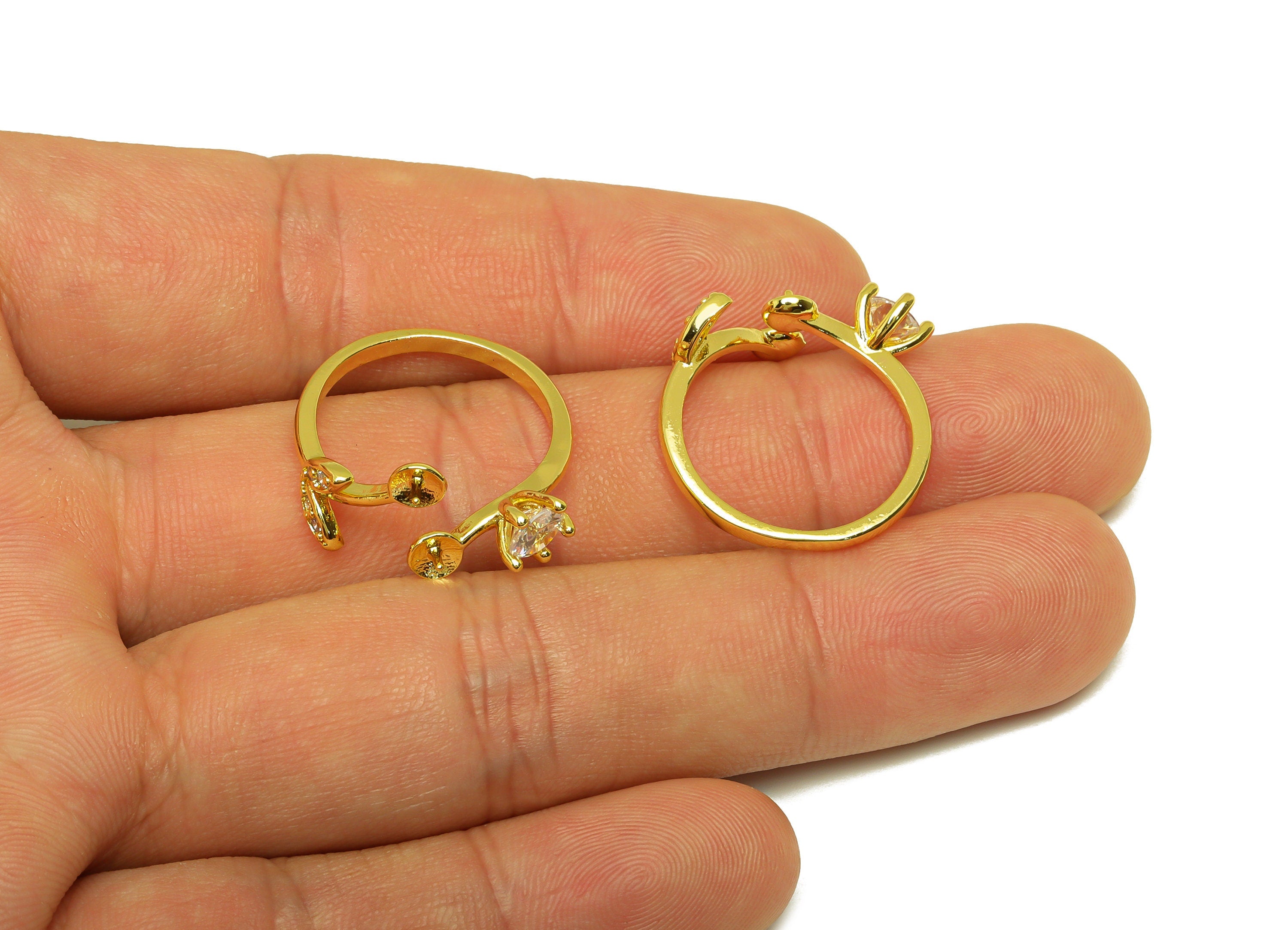 Brass CZ Ring - Brass Leaf Ring - Brass Marquise Rings For Pearl - Cubic Zircon Open Ring - 18K Real Gold Plating - 21.07x12.3x1mm - RGP7008 - DOMEDBAZAAR