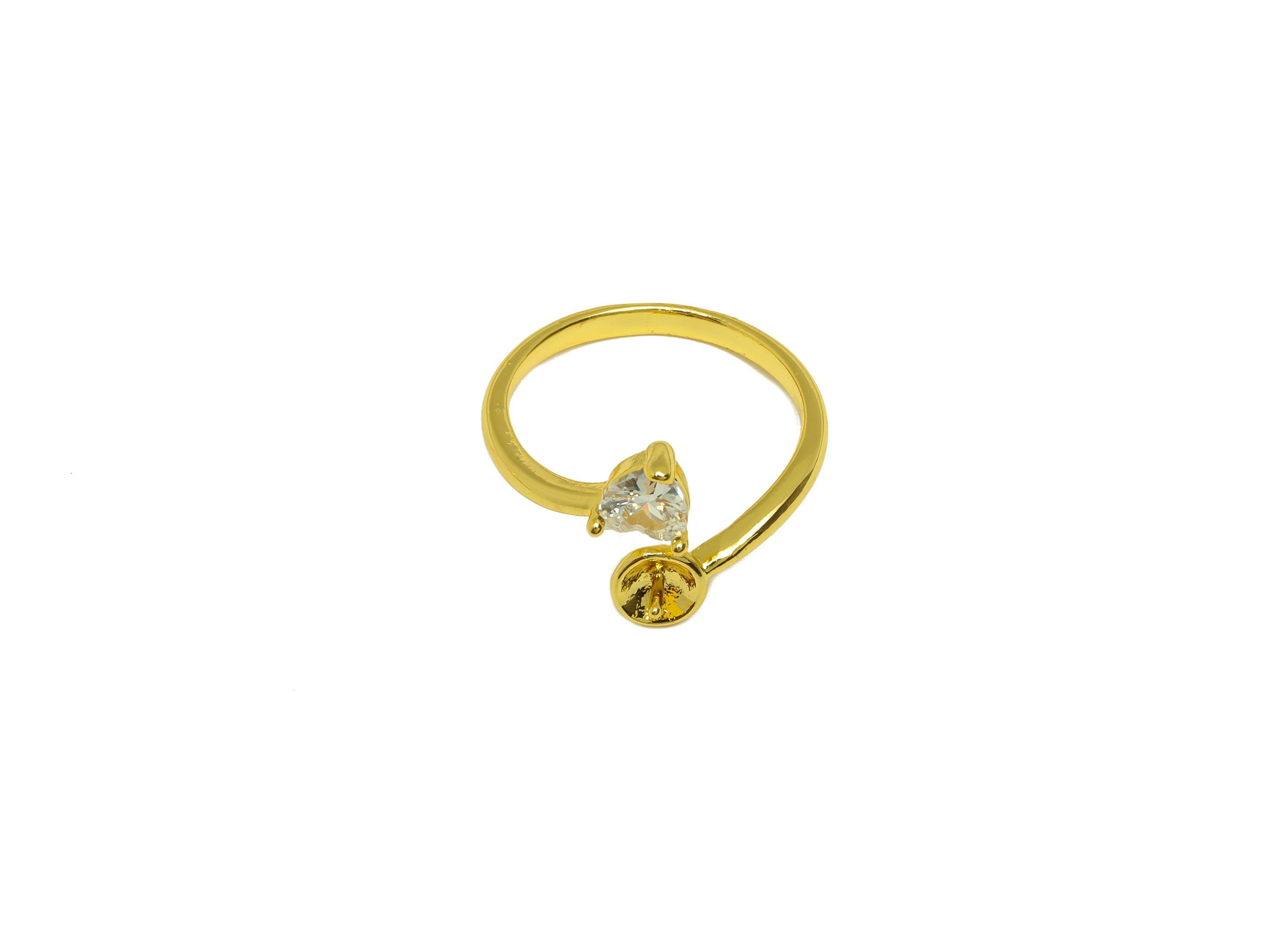 Brass CZ Ring - Brass Heart Open Ring - Brass Heart Rings For Pearl - Zircon Open Ring - 18K Real Gold Plating - 21x12x2.17mm - RGP7023 - DOMEDBAZAAR