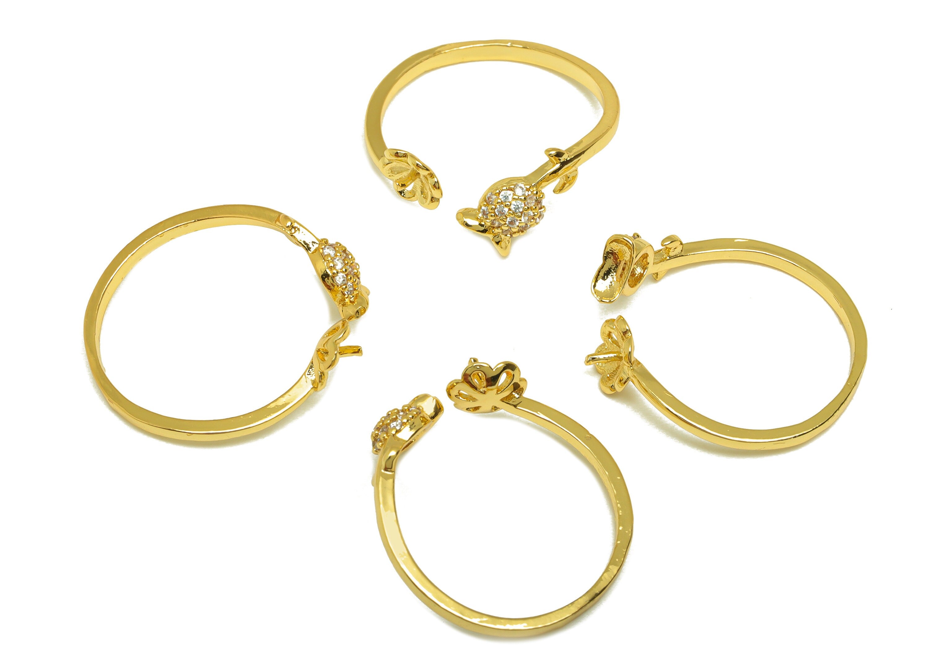 Brass CZ Ring - Brass Tulip Open Ring - Brass Flower Rings For Pearl - Zircon Open Ring - 18K Real Gold Plating - 22x8.96x1.69mm - RGP7019 - DOMEDBAZAAR