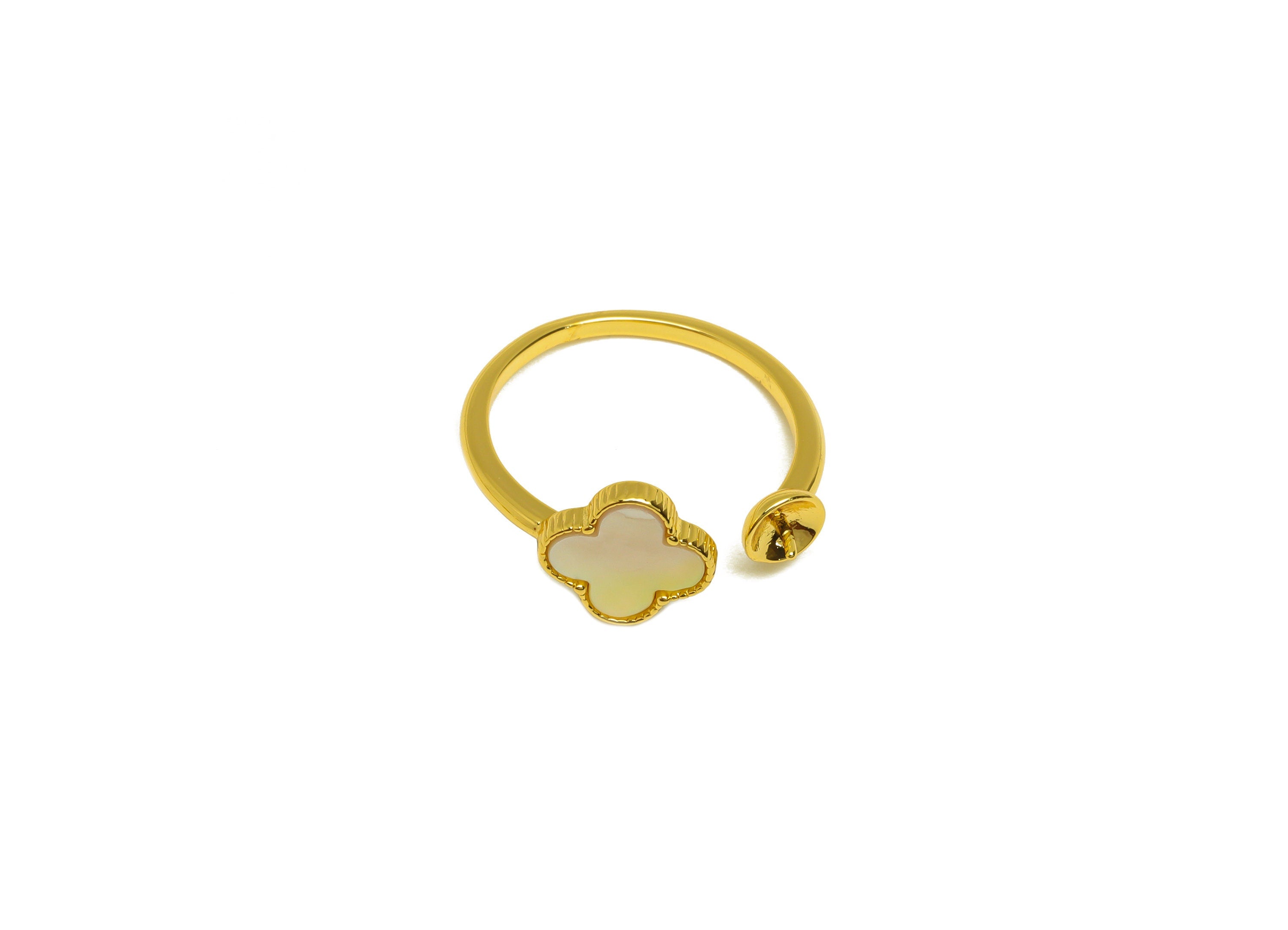 Brass Open Ring - Mother of Pearl Four Leaf Clover Ring - Flower Rings - Adjustable For Pearl - 18K Real Gold Plating - 20x8x2mm - RGP6998 - DOMEDBAZAAR