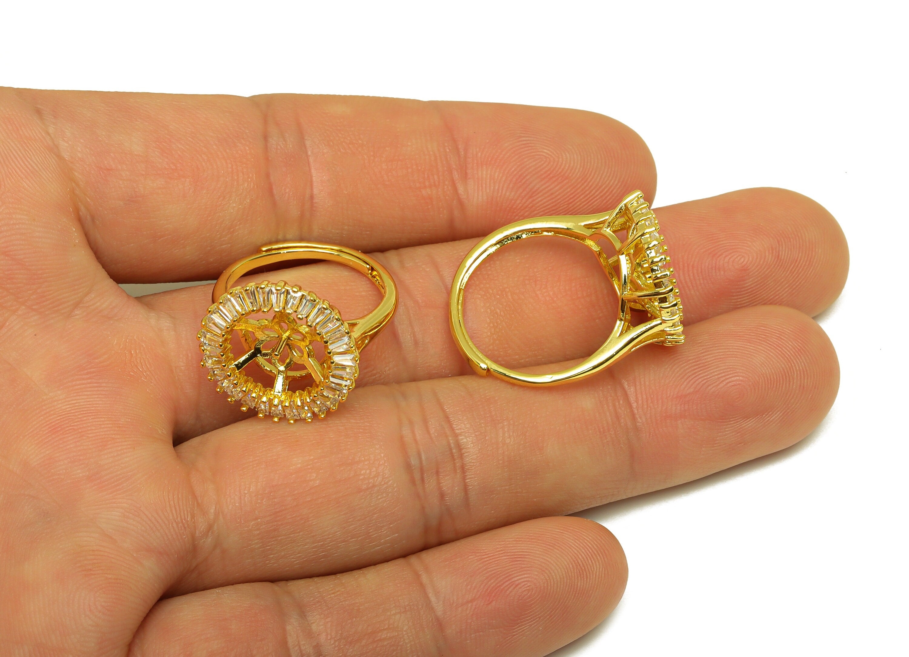 Brass Round CZ Ring - Brass Large Pearl Ring - Brass Rings For Pearl - Zircon Adjustable Ring - 18K Real Gold Plating - 25x17x2mm - RGP6999 - DOMEDBAZAAR