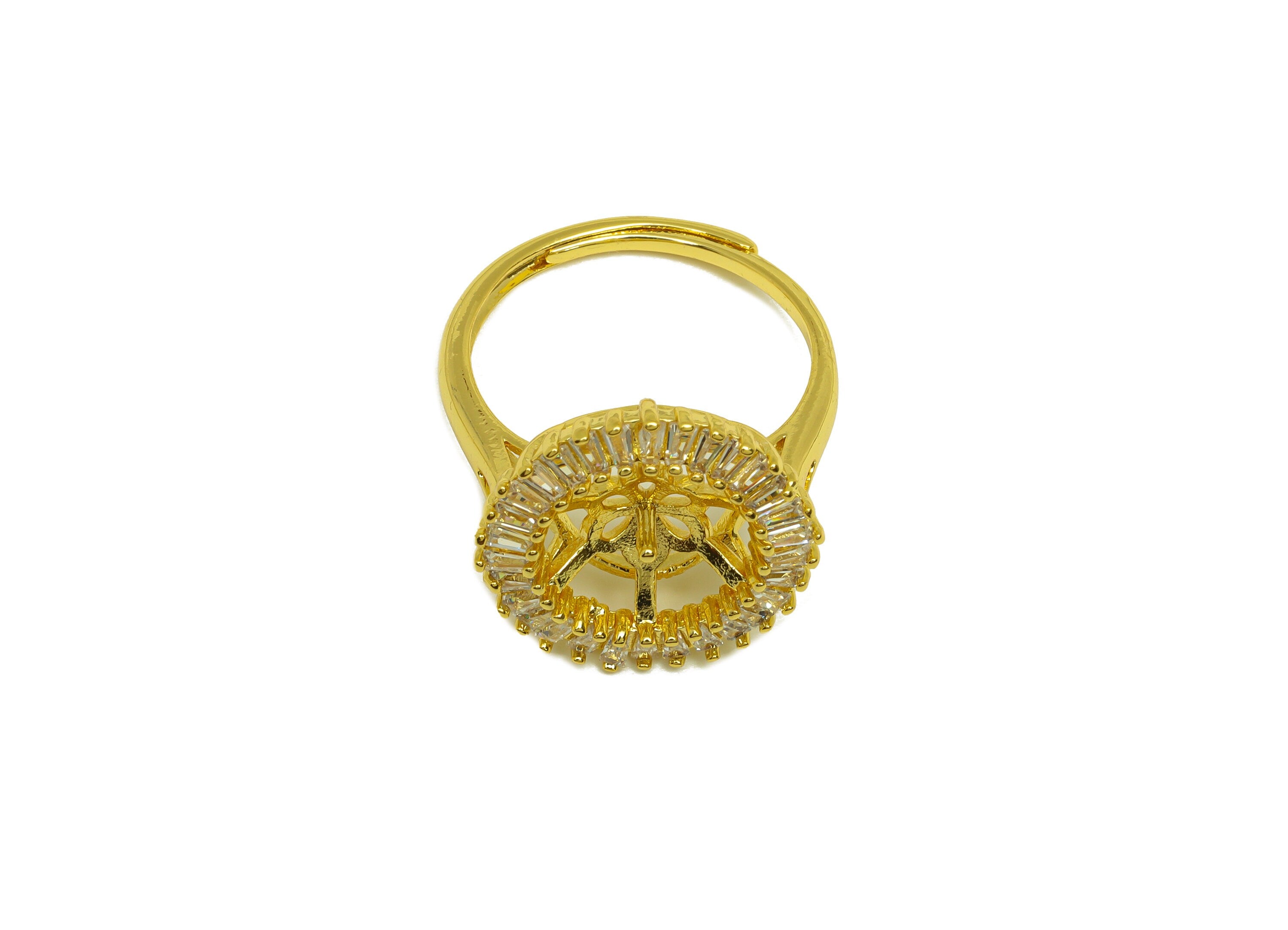 Brass Round CZ Ring - Brass Large Pearl Ring - Brass Rings For Pearl - Zircon Adjustable Ring - 18K Real Gold Plating - 25x17x2mm - RGP6999 - DOMEDBAZAAR