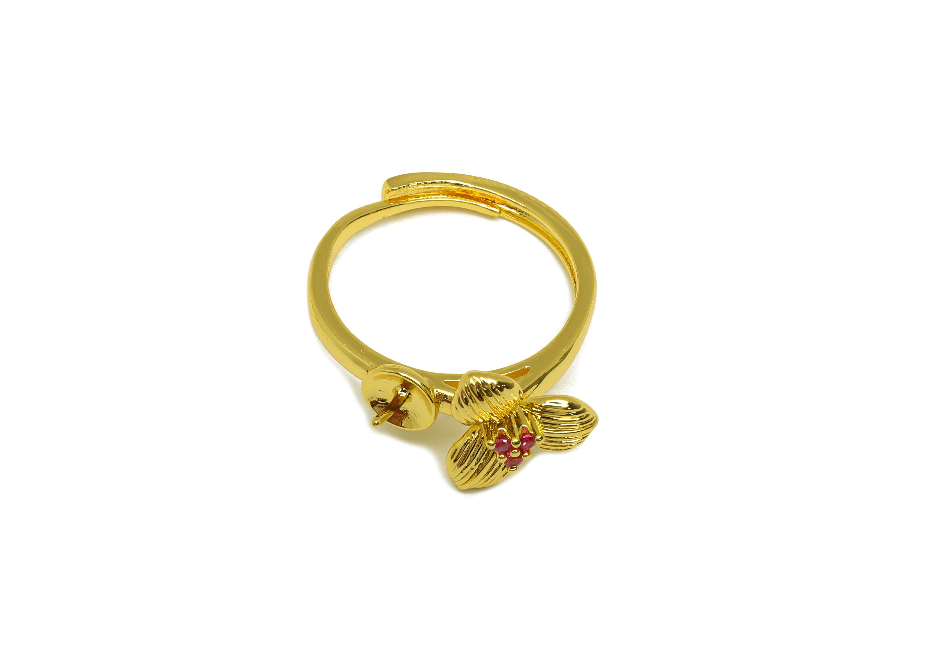 Brass Flower Ring - Brass Textured Flower Ring - Brass Rings For Pearl - Zircon Adjustable Ring - 18K Real Gold Plating - 26x11x2mm -RGP7013 - DOMEDBAZAAR