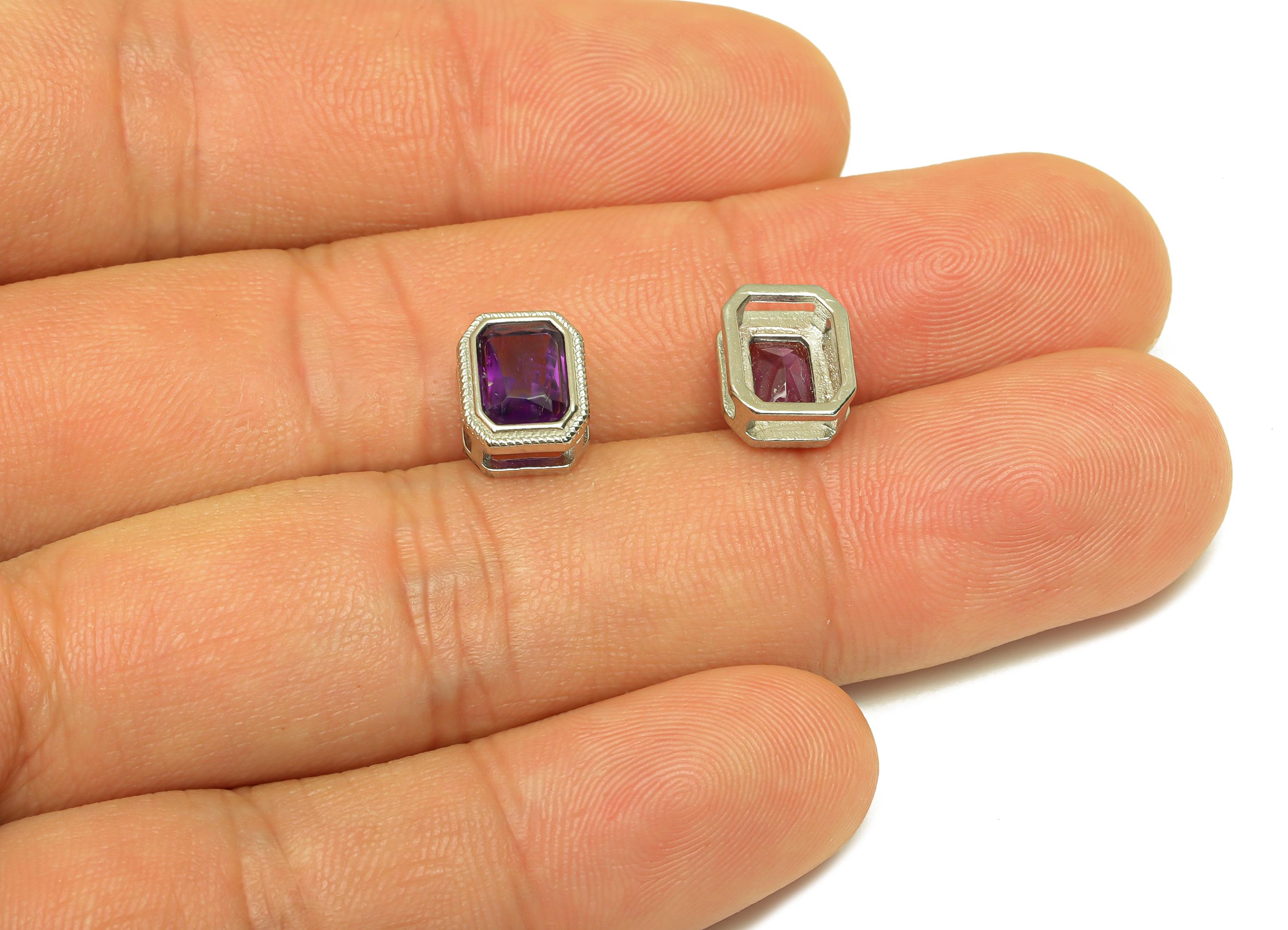 Brass Rectangle Bead - Brass Amethyst Earring Charm - Brass Amethyst Bead Bracelet Charm - Silver Tone Plating - 9.14x6.99x4.94mm - RGP7235B - DOMEDBAZAAR
