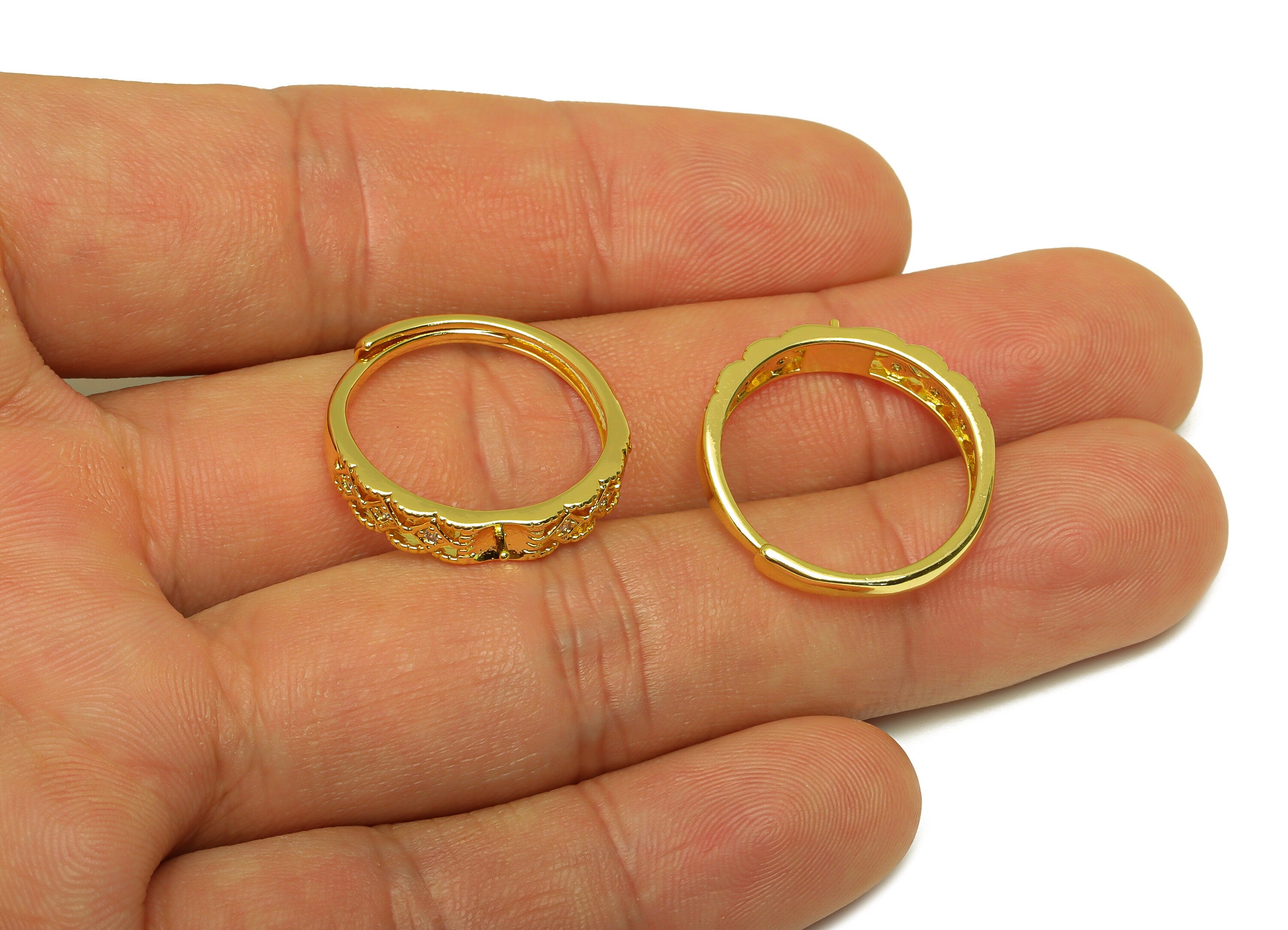 Brass CZ Square Ring - Brass Textured Ring - Brass Rings For Pearl - Zircon Adjustable Ring - 18K Real Gold Plating - 22.2x4.2x2mm - RGP6984 - DOMEDBAZAAR