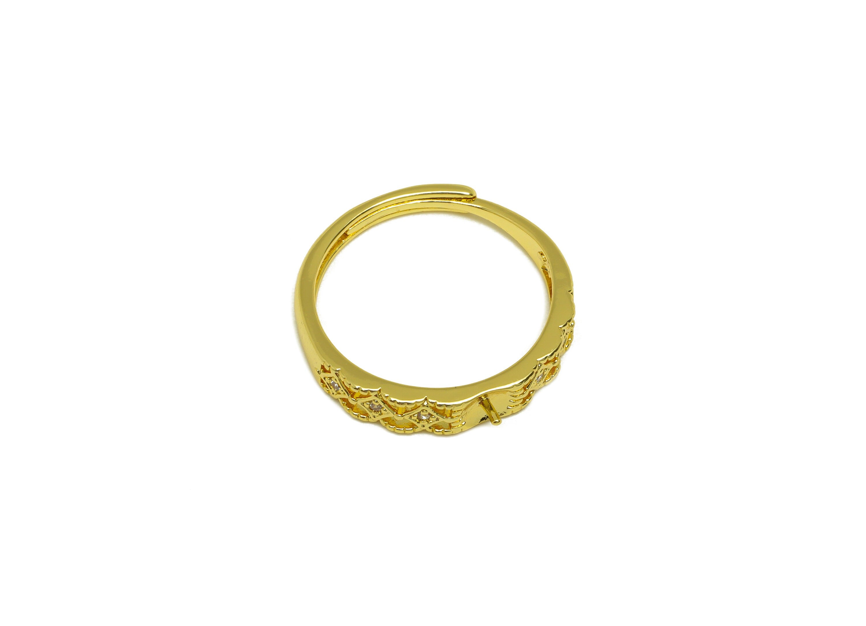 Brass CZ Square Ring - Brass Textured Ring - Brass Rings For Pearl - Zircon Adjustable Ring - 18K Real Gold Plating - 22.2x4.2x2mm - RGP6984 - DOMEDBAZAAR