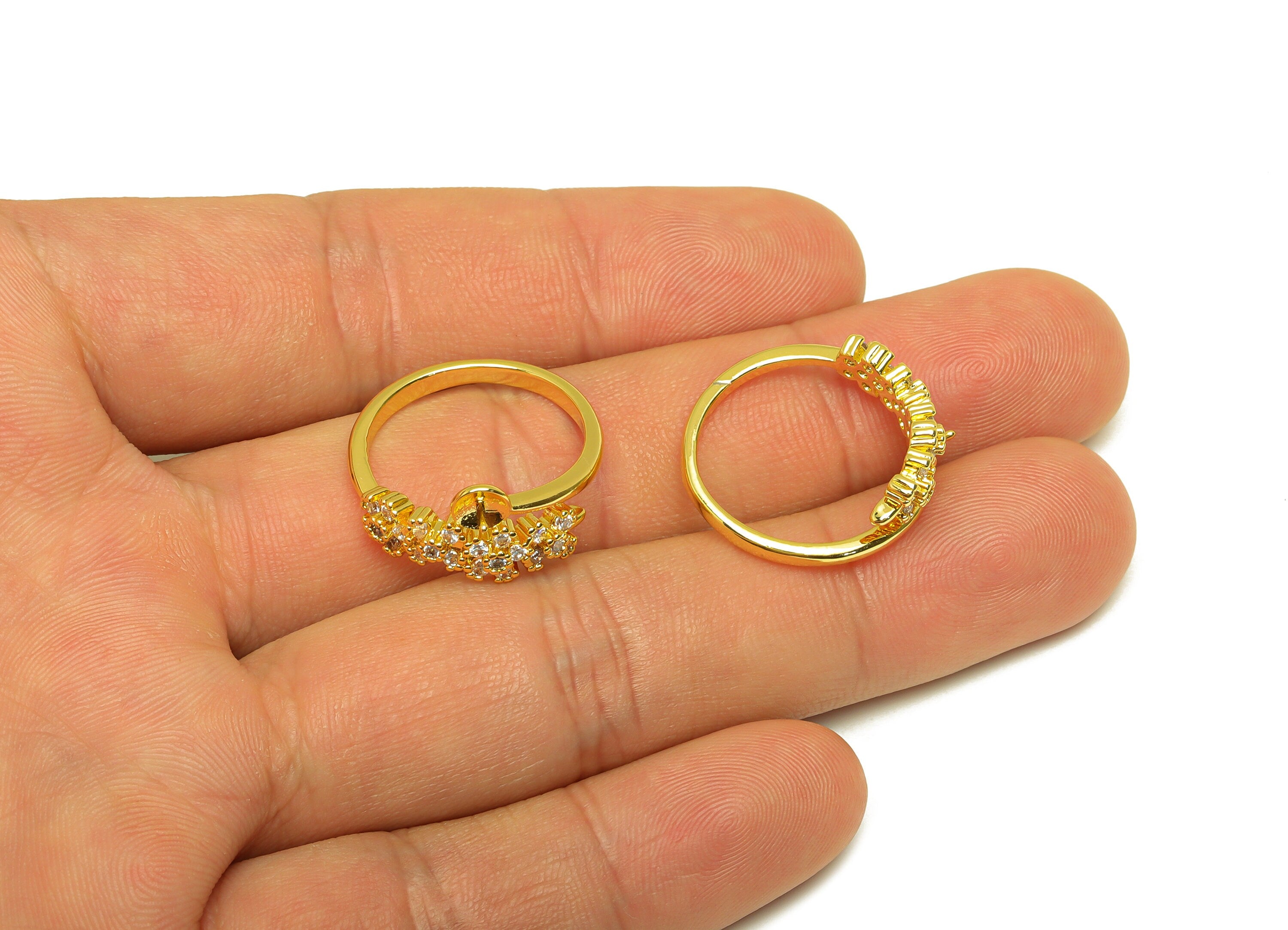 Brass CZ Flower Ring - Brass Mini Flower Ring - Brass Rings For Pearl - Zircon Adjustable Ring - 18K Real Gold Plating - 24x10x2mm - RGP6988 - DOMEDBAZAAR