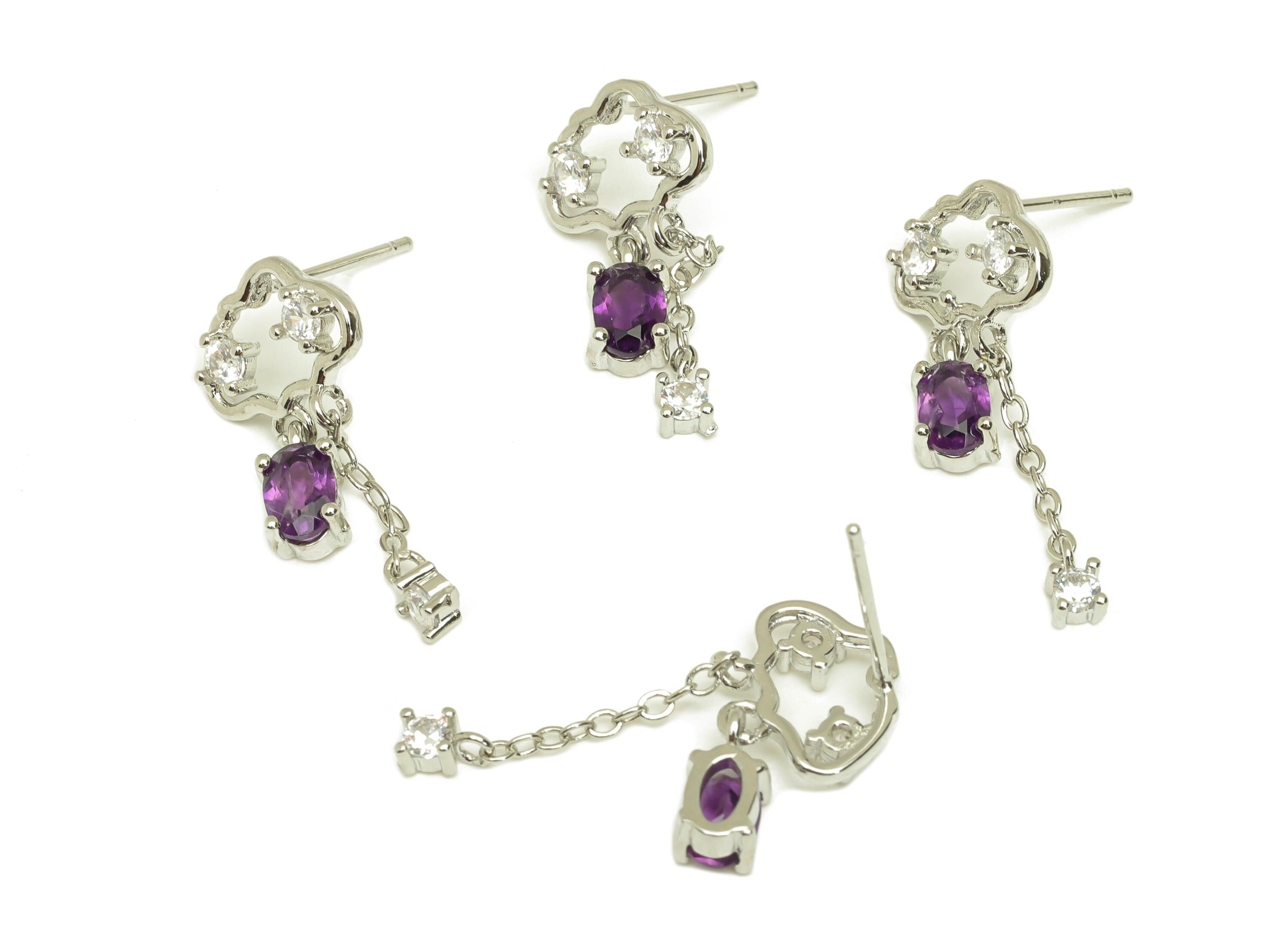Brass Cloud Earring Stud - Brass Cubic Zircon Earring Post - Amethyst Earring Post - Silver Stud - Silver Tone Plating - 26x11x1mm - RGP7254 - DOMEDBAZAAR