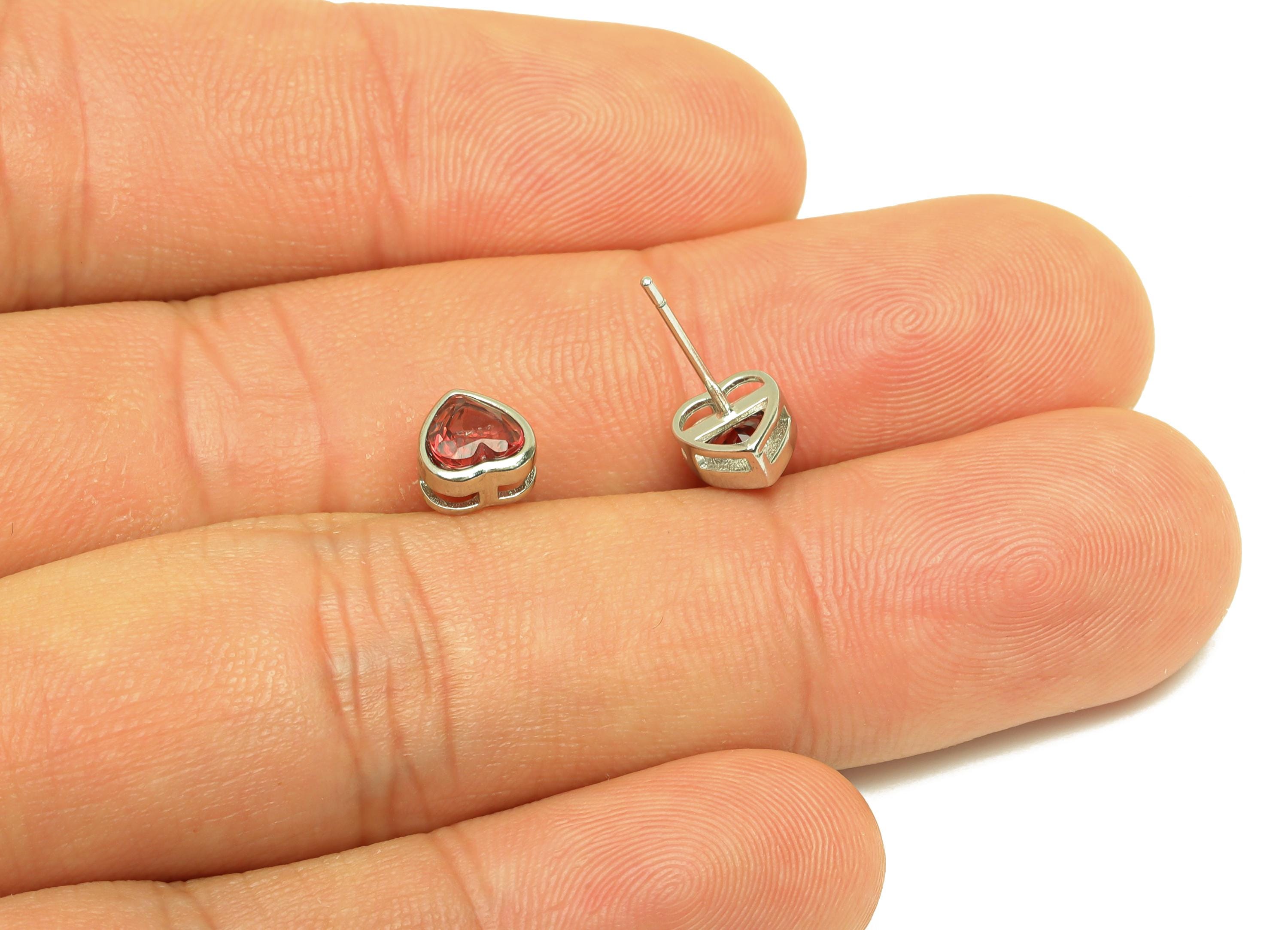 Brass Heart Earring Stud - Brass Garnet Earring Post - Garnet Heart Earring Post - Brass Stud - Silver Tone Plating - 15x6x0.68mm - RGP7254 - DOMEDBAZAAR