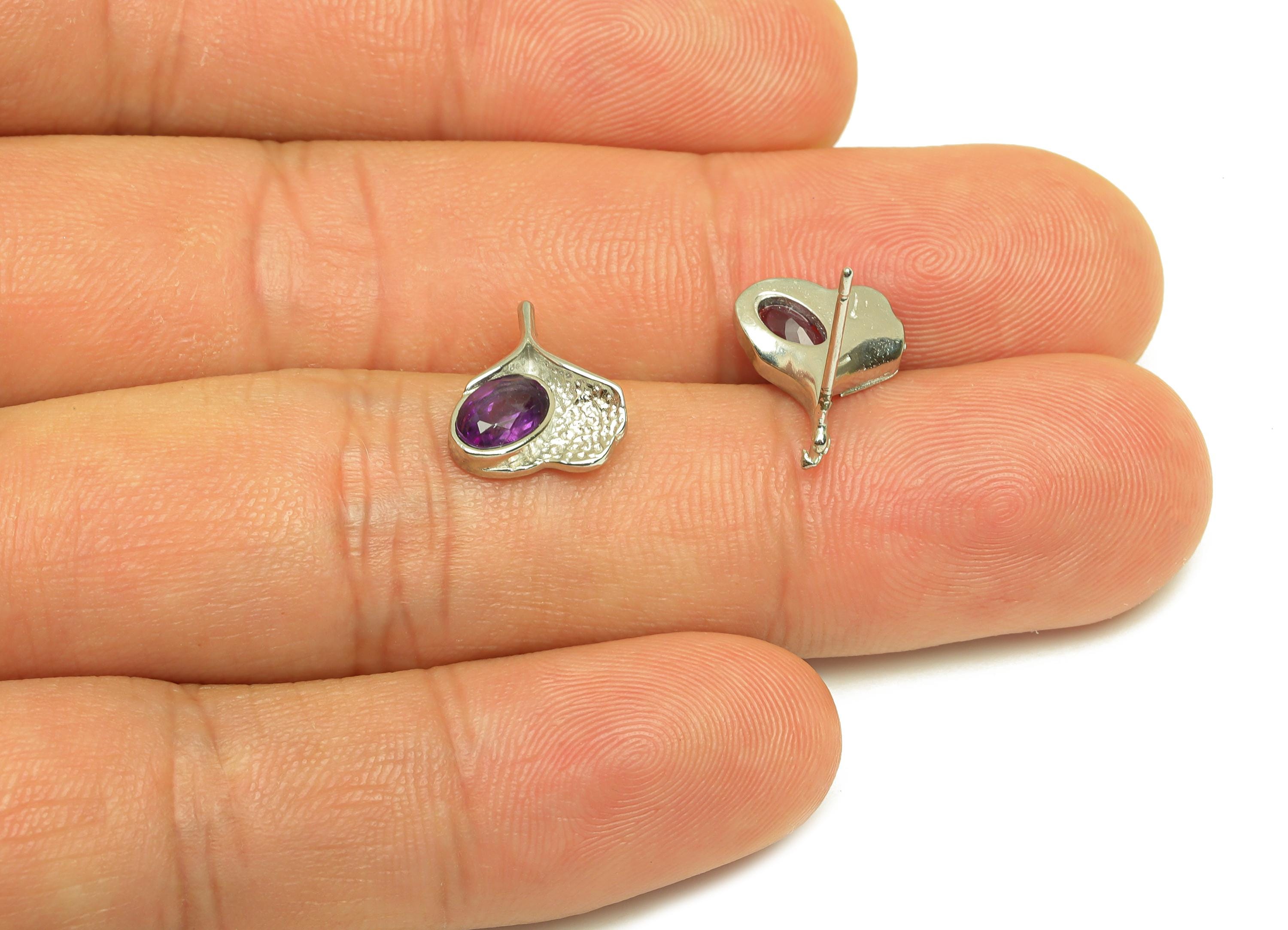 Brass Ginkgo Earring Stud - Brass Leaf Earring Post - Amethyst Earring Post - 925 Silver Stud - Silver Tone Plating - 14x10x0.68mm - RGP7246 - DOMEDBAZAAR