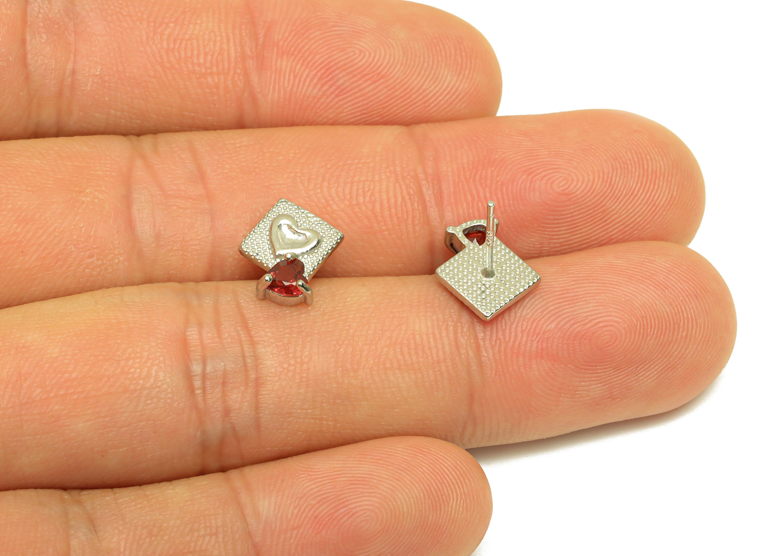 Brass Heart Earring Stud - Brass Square Garnet Earring Post - Garnet Heart Earring Post - Silver Tone Plating - 13.9x9.31x0.75mm - RGP7259 - DOMEDBAZAAR