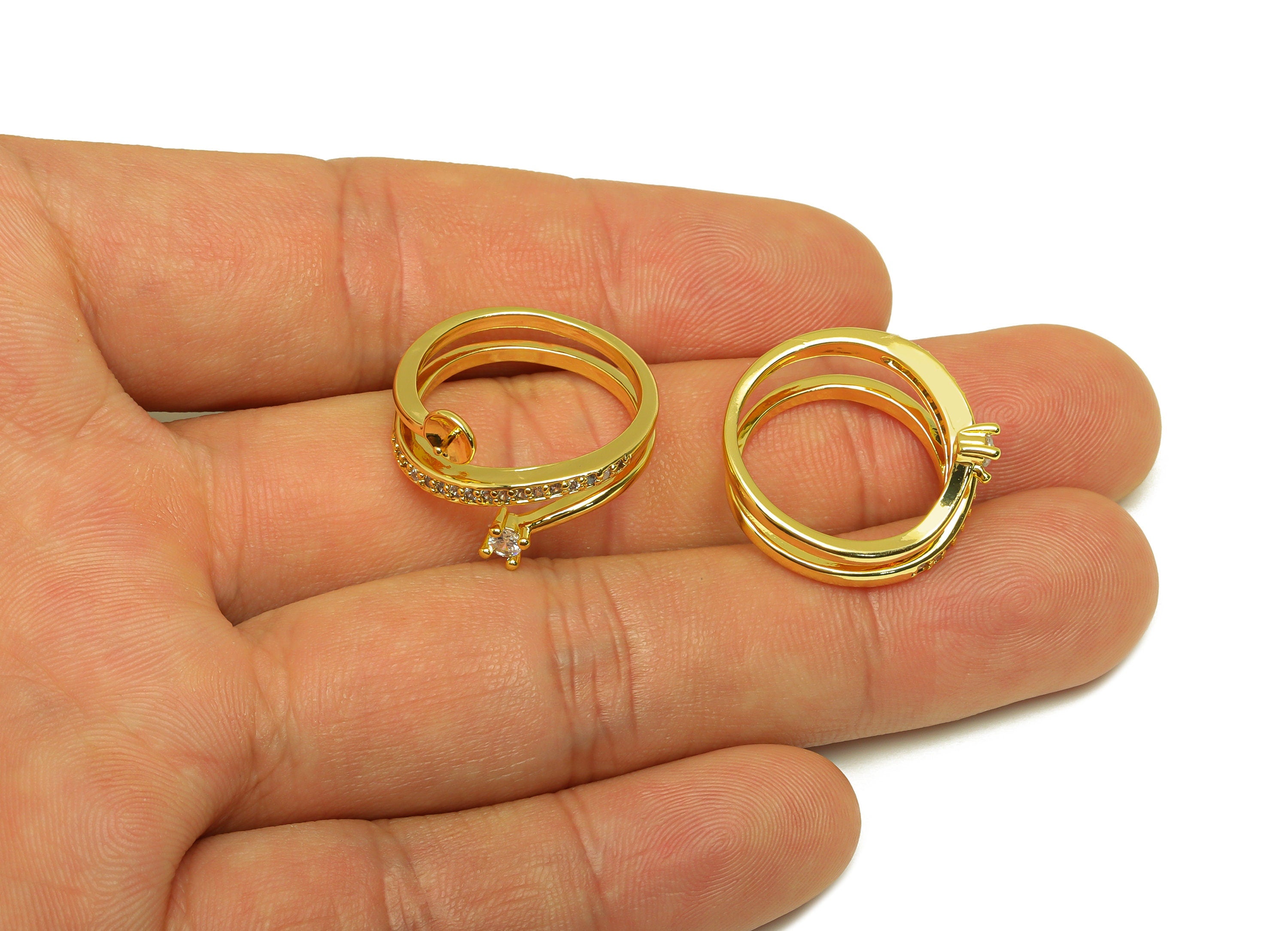 Brass CZ Ring - Brass Diamond Ring - Brass Rings For Pearl - Brass Cubic Zircon Ring - 18K Real Gold Plating - 21x11.62x4.52mm - RGP6992 - DOMEDBAZAAR