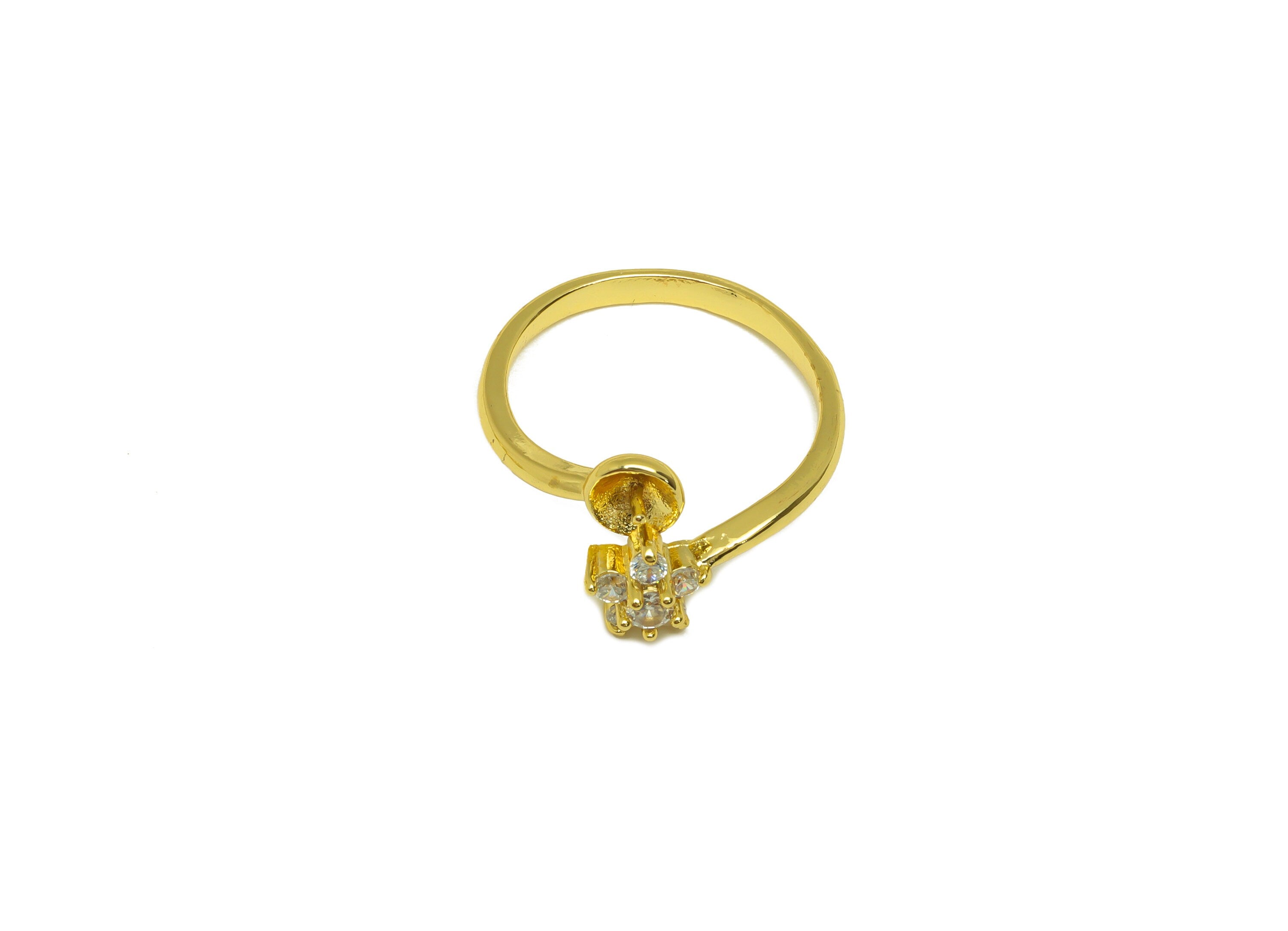 Brass CZ Open Ring - Brass Flower Ring - Brass Rings For Pearl - Zircon Adjustable Ring - 18K Real Gold Plating - 21x12.3x2.22mm - RGP7020 - DOMEDBAZAAR