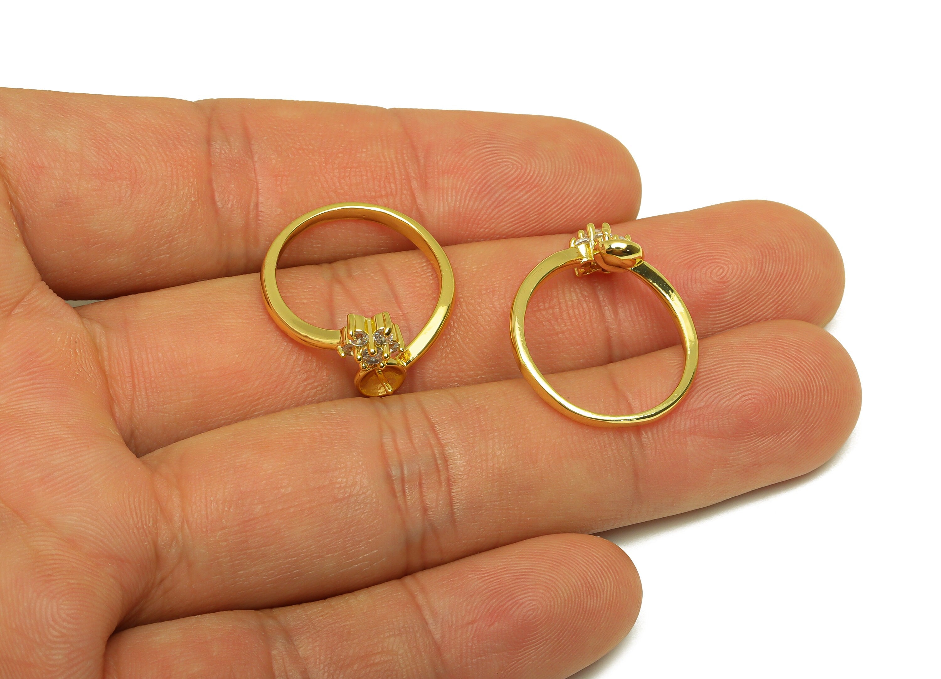 Brass CZ Open Ring - Brass Flower Ring - Brass Rings For Pearl - Zircon Adjustable Ring - 18K Real Gold Plating - 21x12.3x2.22mm - RGP7020 - DOMEDBAZAAR