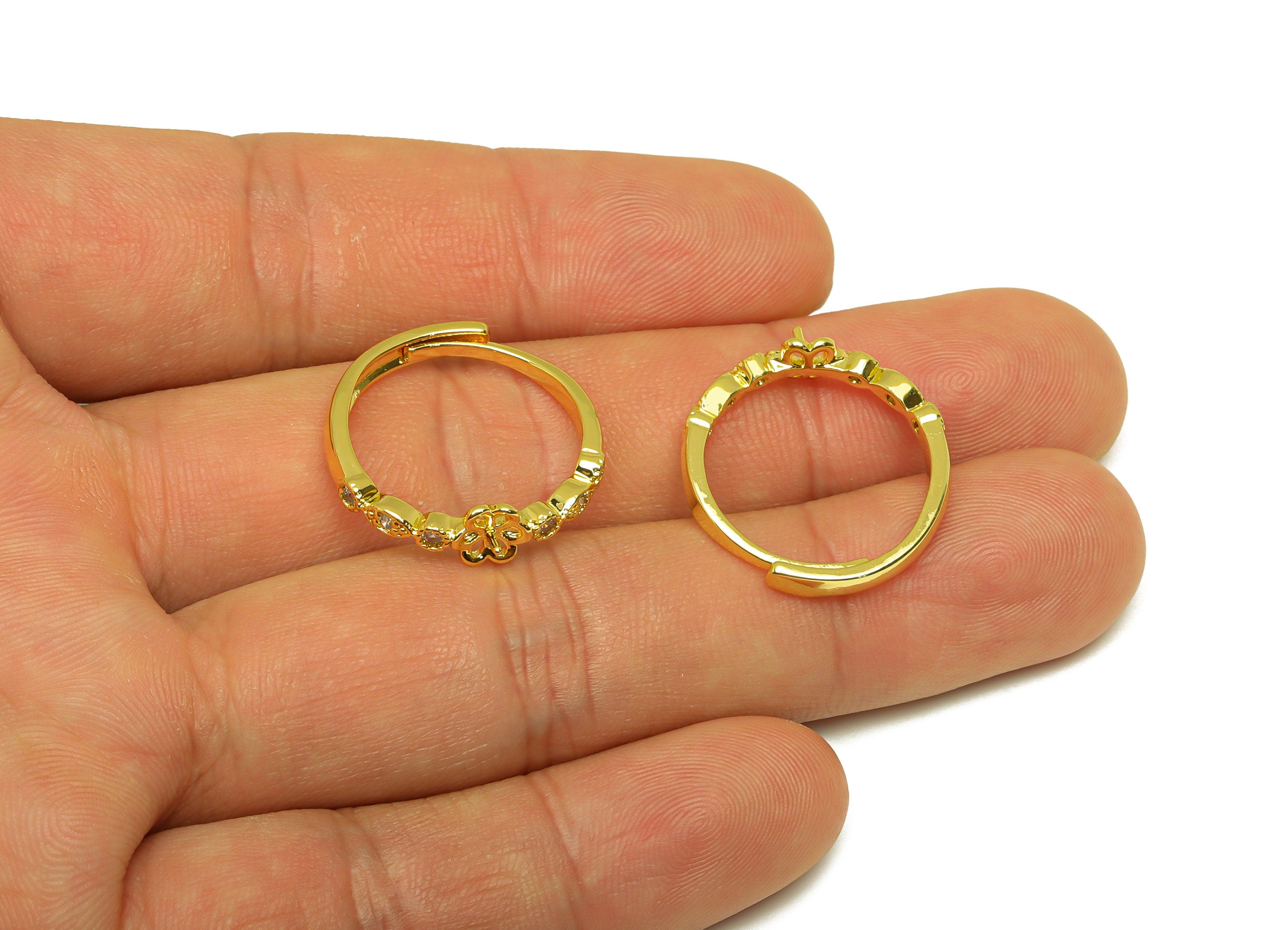Brass Adjustable Ring - Brass Marquise Ring - Brass Rings For Pearl - Round Zircon Ring - 18K Real Gold Plating - 22.75x5.98x2mm - RGP7010 - DOMEDBAZAAR