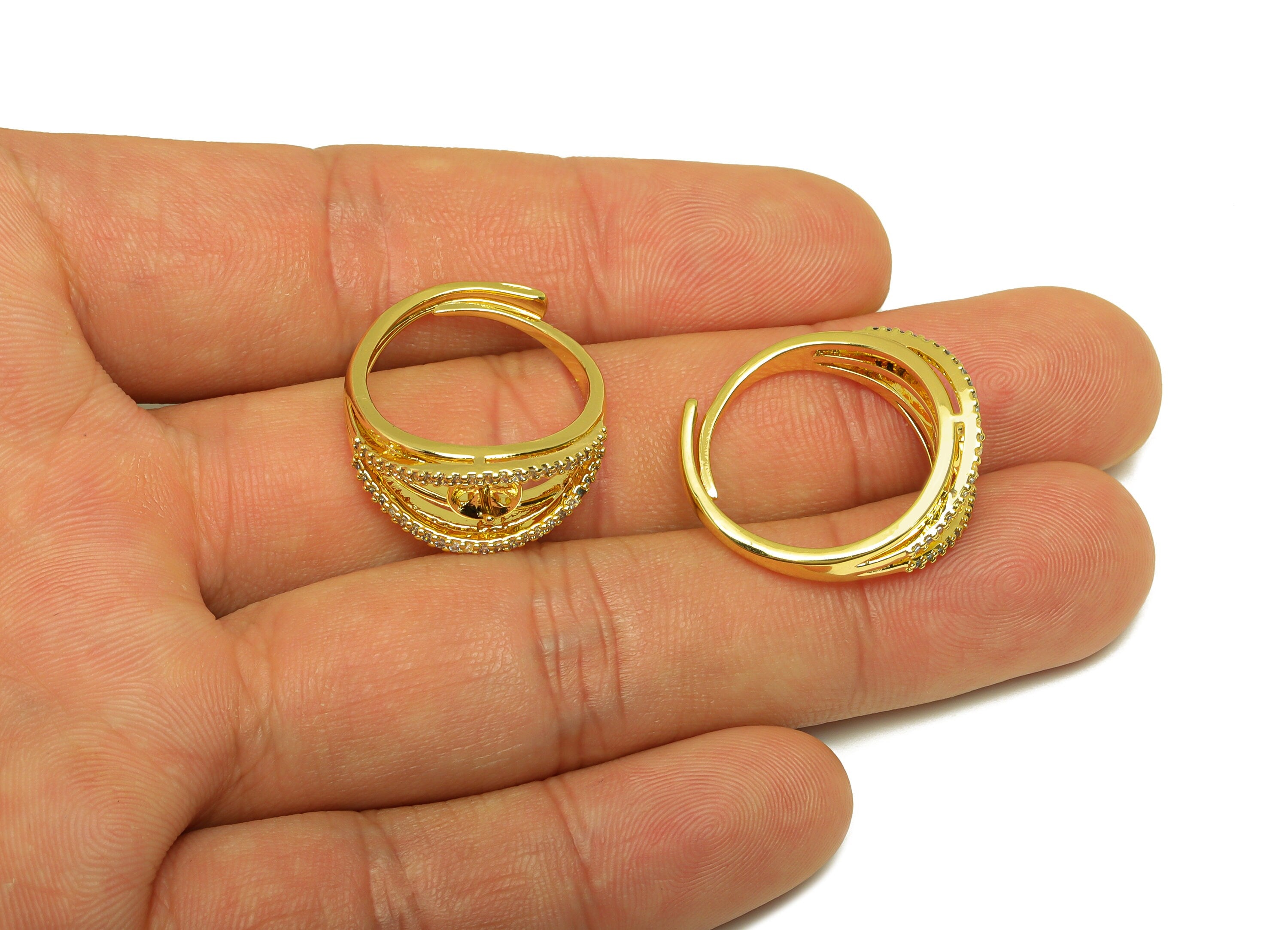 Brass Adjustable Ring - Brass CZ Ring - Brass Rings For Pearl - Brass Cubic Zircon Ring - 18K Real Gold Plating - 24x9.64x2.19mm - RGP6985 - DOMEDBAZAAR