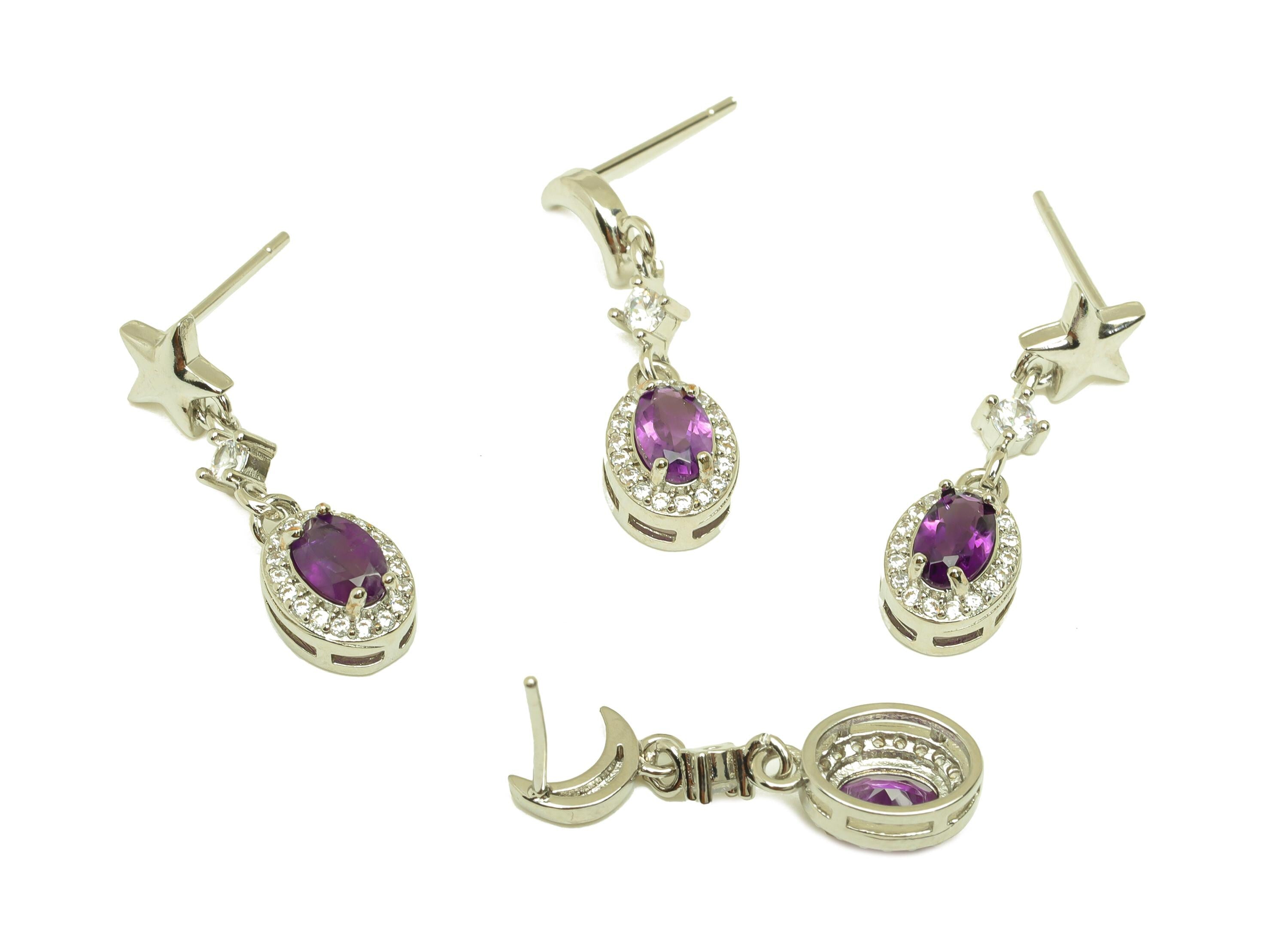 Brass Crescent Earring Stud - Brass Star Cubic Zircon Earring Post - Amethyst Earring Post - Silver Tone Plating - 25.5x6x0.72mm - RGP7250 - DOMEDBAZAAR