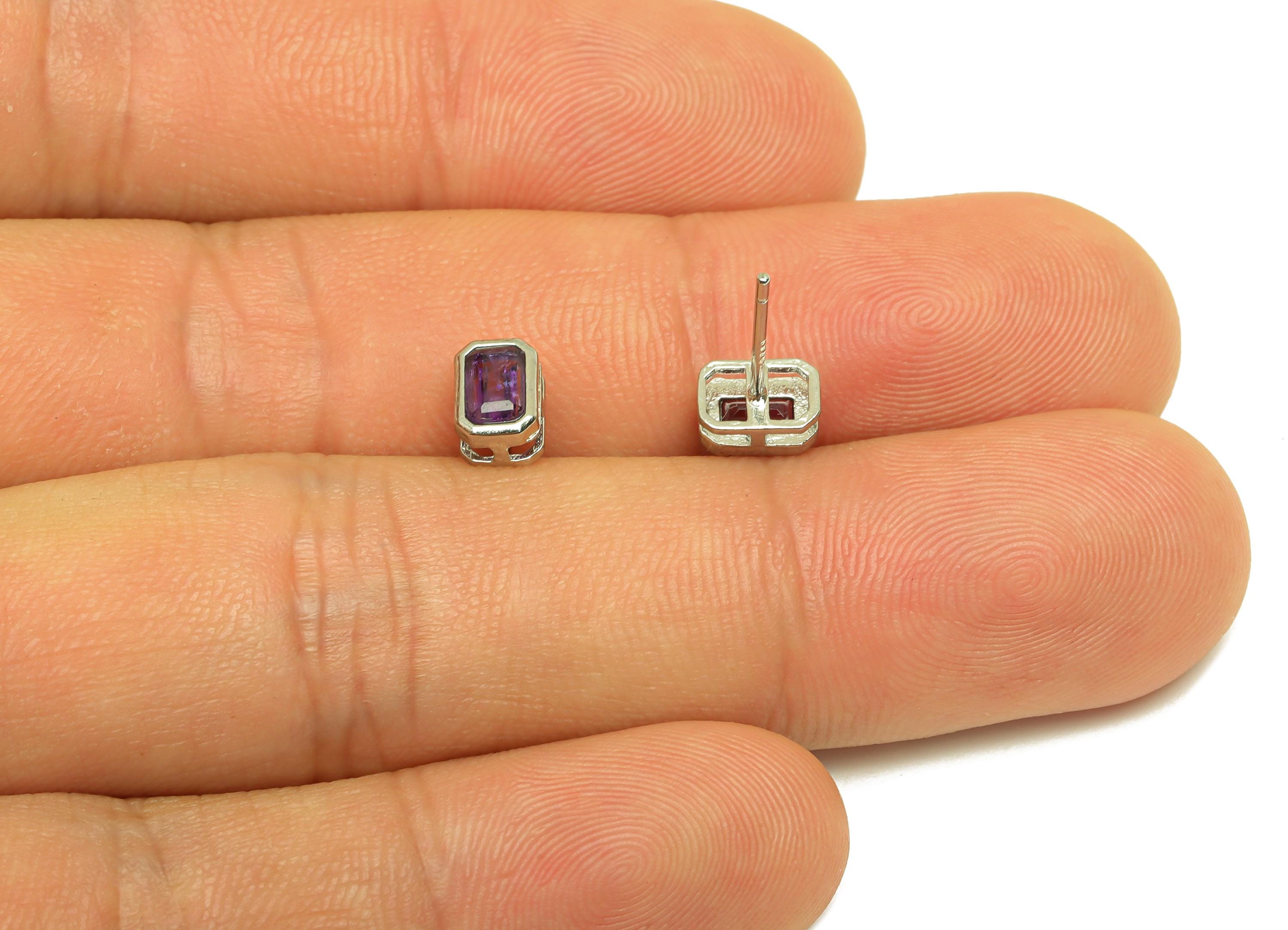 Brass Amethyst Earring Stud - Brass Rectangle Earring Post - Amethyst Earring Post -925 Silver Tone Plating - 14.74x4.67x0.75mm - RGP7243 - DOMEDBAZAAR