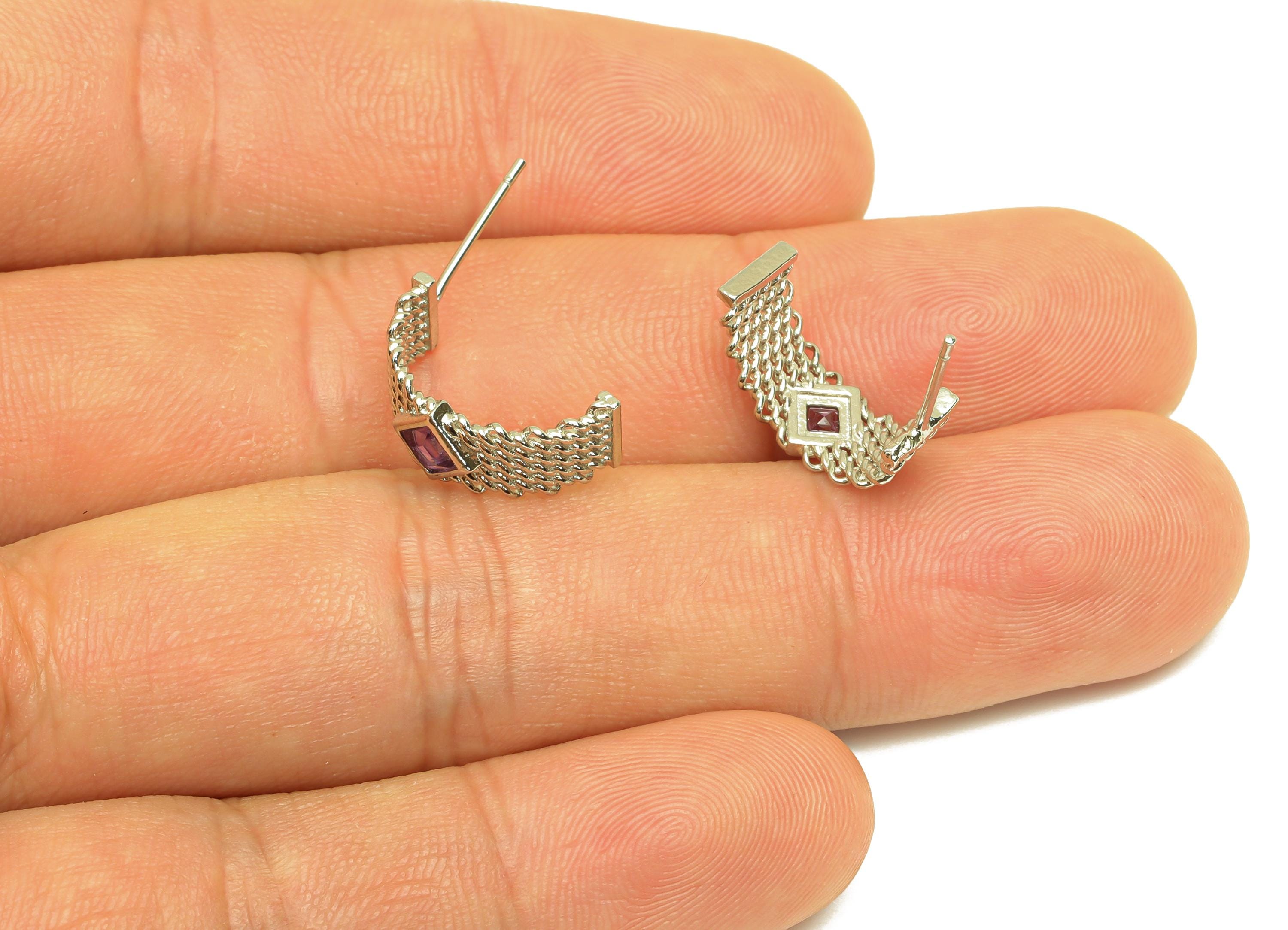 Brass Hoop Earring Stud - Brass Rings Earring Post - Brass Weave Wire Amethyst Earring Post - Silver Tone Plating - 16.34x6x0.7mm - RGP7252 - DOMEDBAZAAR