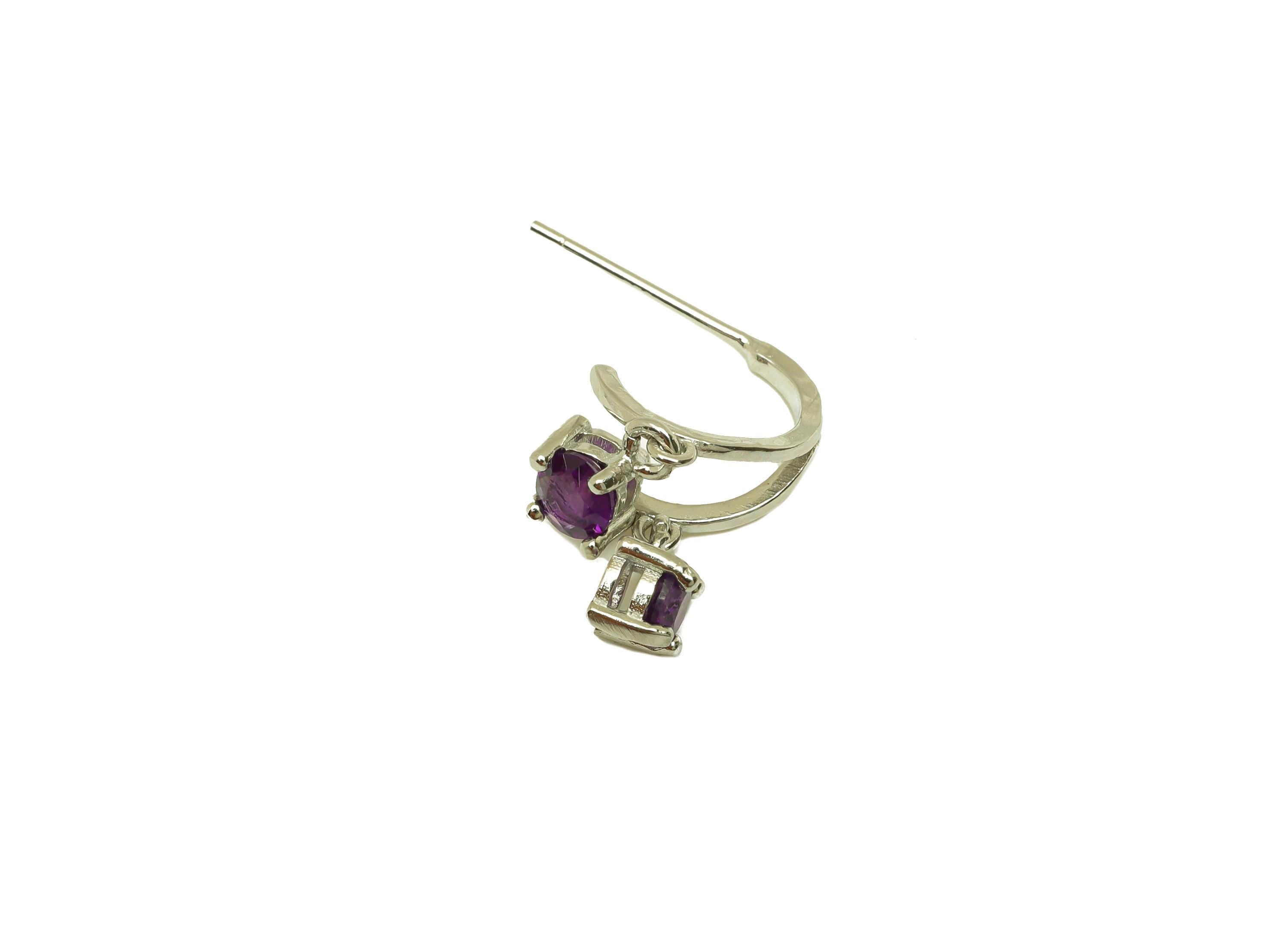 Brass Hoop Earring Stud - Brass Dangle Earring Post - Brass Hoop Amethyst Earring Post - Silver Tone Plating - 19.12x10.69x0.69mm - RGP7251 - DOMEDBAZAAR