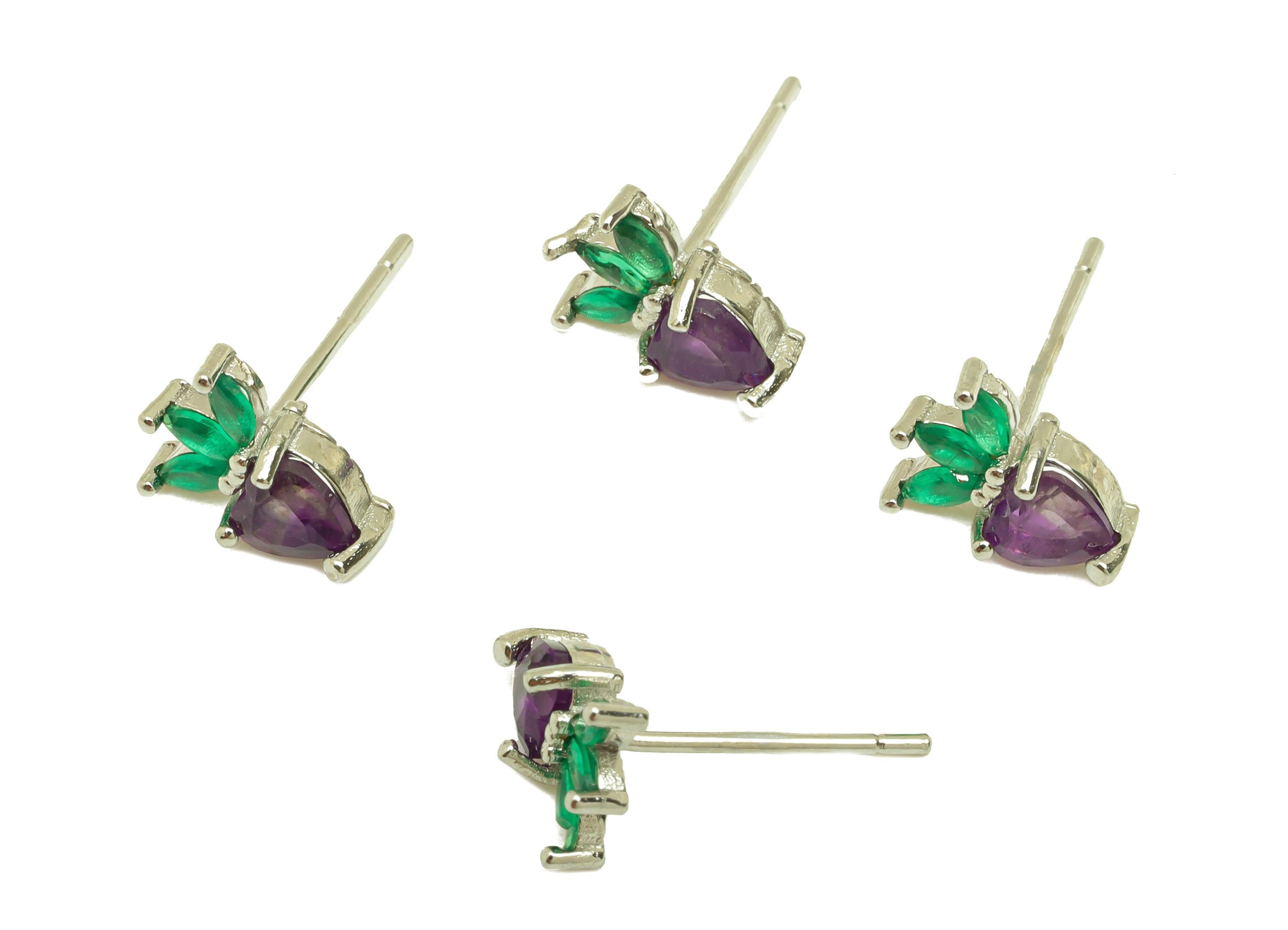 Brass Heart Earring Stud - Brass Marquise Earring Post - Zircon Amethyst Earring Post - 925 Silver - Silver Tone Plating - 14x6x1mm -RGP7245 - DOMEDBAZAAR