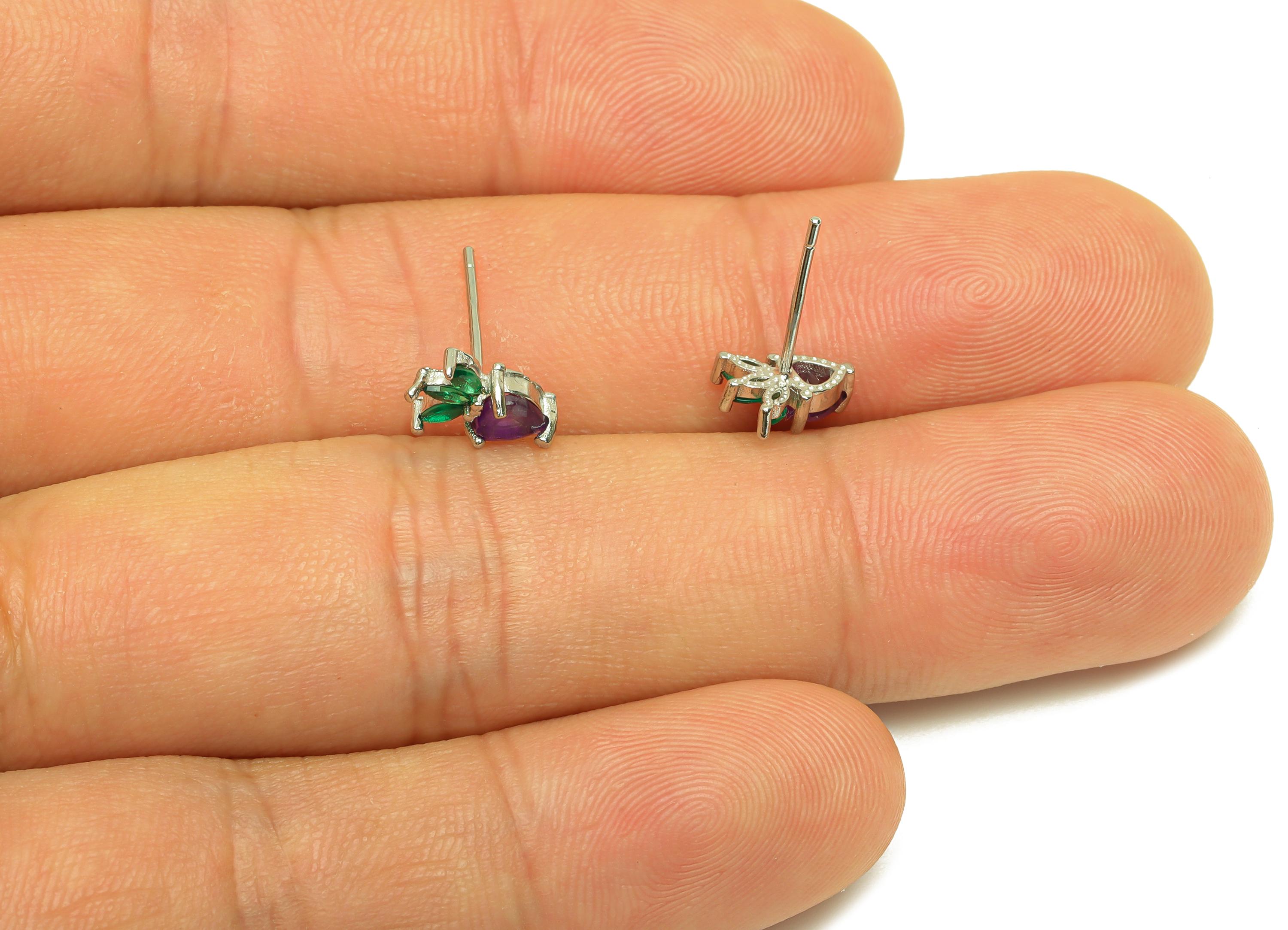 Brass Heart Earring Stud - Brass Marquise Earring Post - Zircon Amethyst Earring Post - 925 Silver - Silver Tone Plating - 14x6x1mm -RGP7245 - DOMEDBAZAAR
