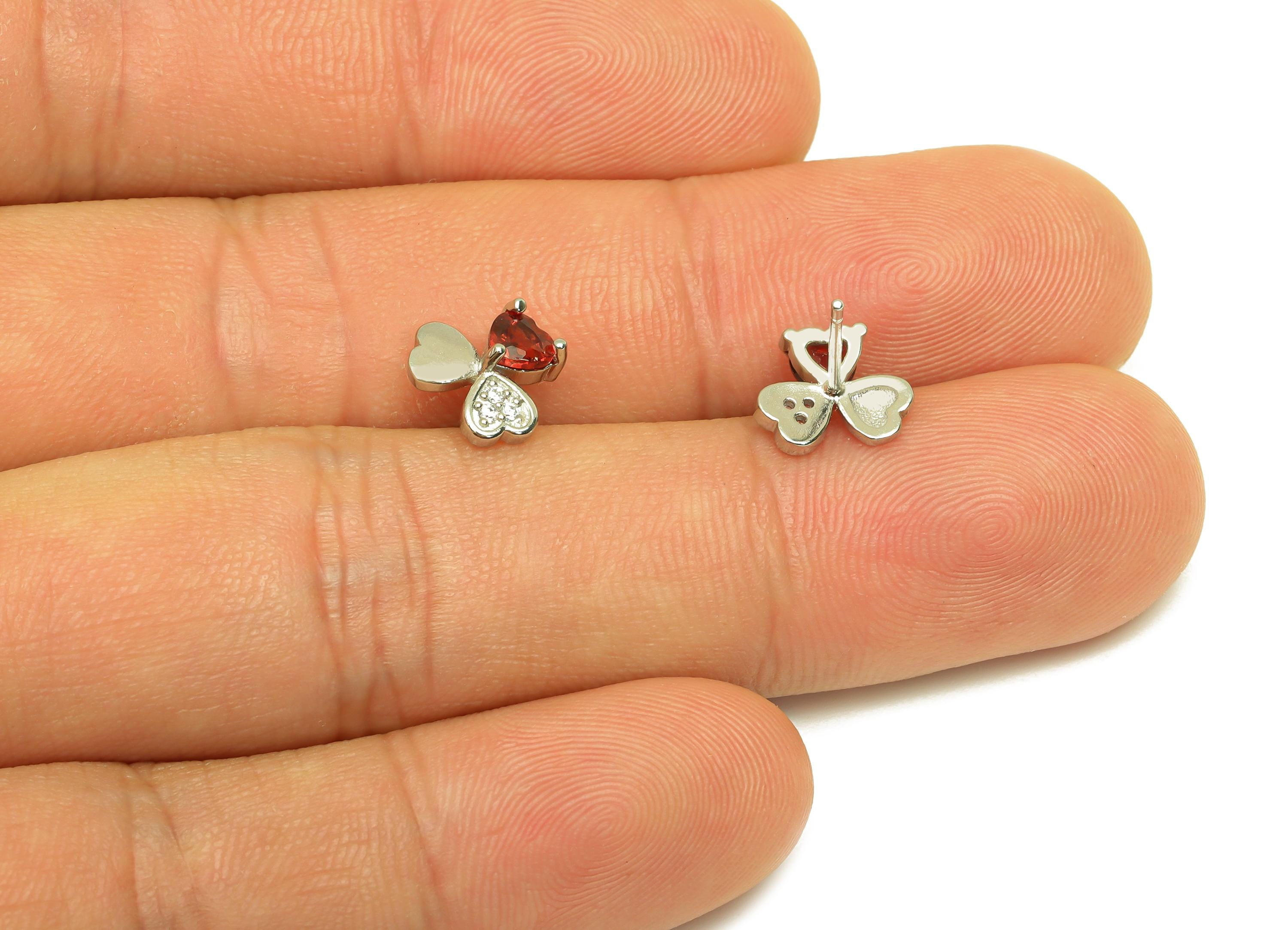 Brass Heart Earring Stud - Cubic Zircon Earring Post - Garnet Earring Post - 925 Silver Stud - Silver Tone Plating - 13x8x0.72mm - RGP7260 - DOMEDBAZAAR