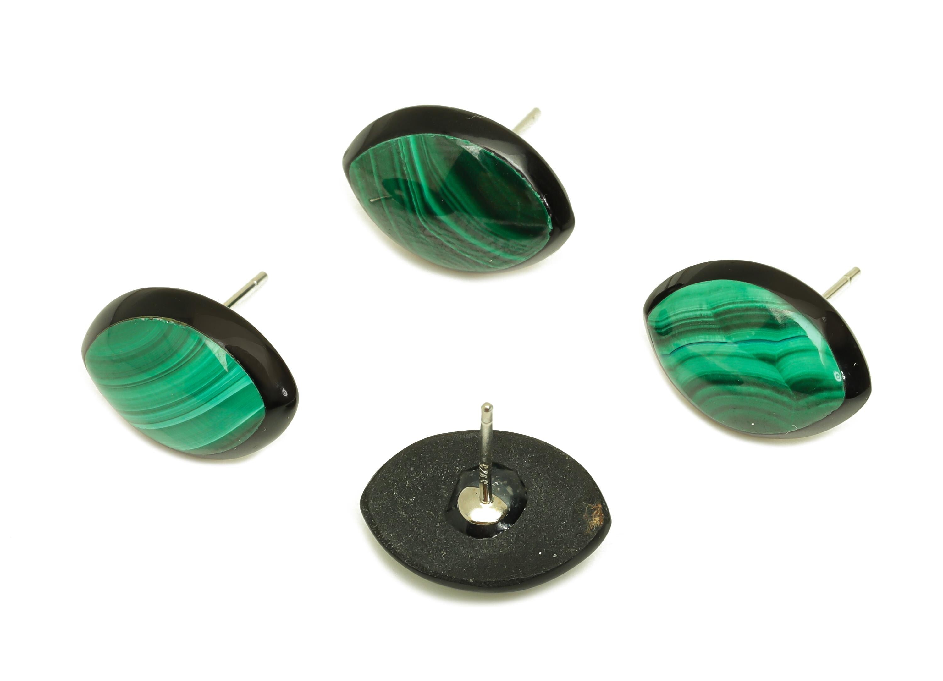 Brass Malachite Earring Stud - Brass Green Marquise Earring Post - 925 Silver Earring Post - Silver Tone Plating -14x14x0.68mm - RGP7262 - DOMEDBAZAAR