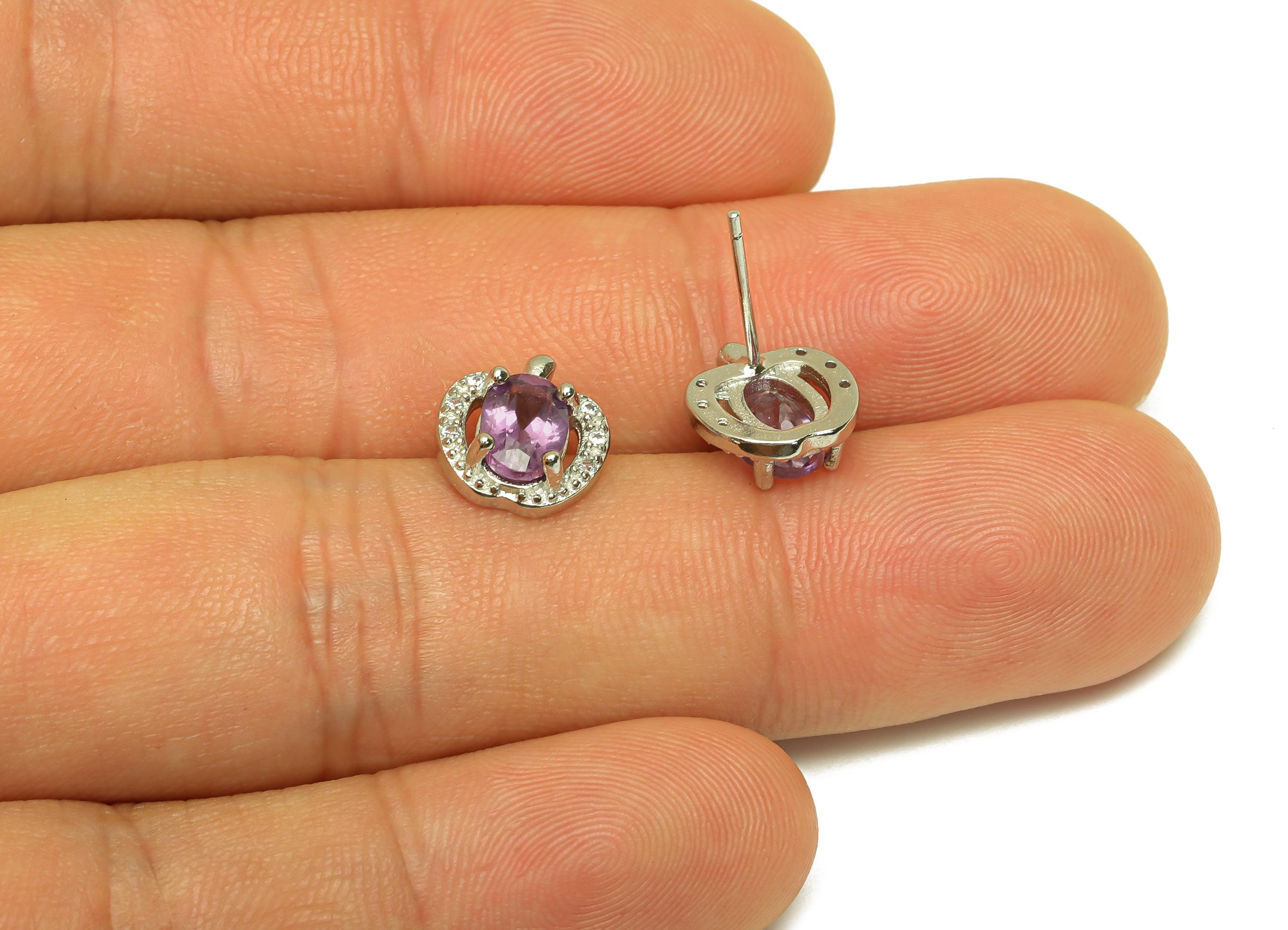 Brass Apple Earring Stud - Brass Cubic Zircon Earring Post - Amethyst Earring Post - Silver Stud - Silver Tone Plating - 15x9x1mm - RGP7255 - DOMEDBAZAAR
