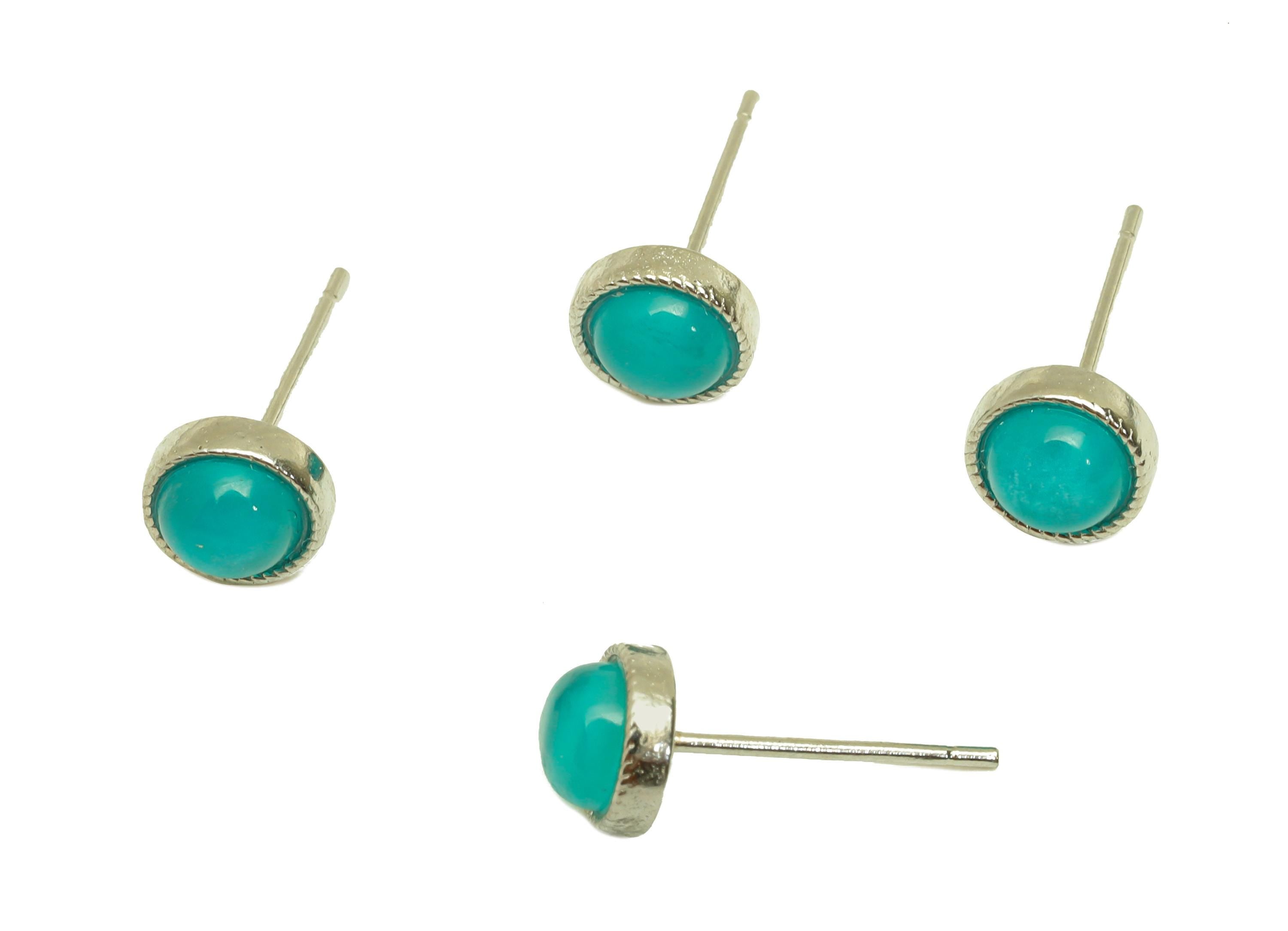 Brass Amazonite Earring Stud - Brass Mini Round Earring Post - Amazonite Earring Post - Brass Stud - Silver Tone Plating - 14x6x1mm -RGP7267 - DOMEDBAZAAR