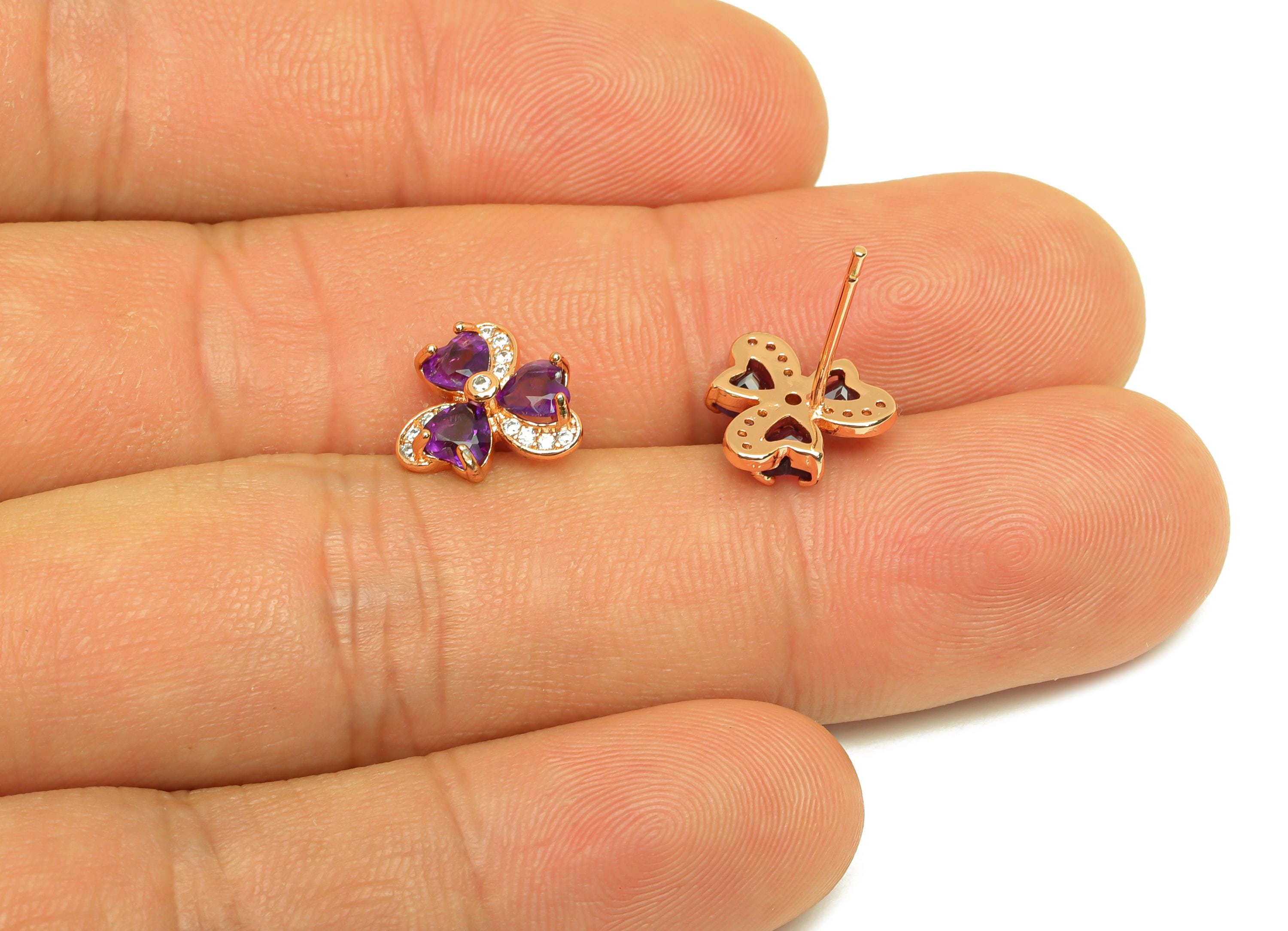 Brass Heart Earring Stud - Brass Amethyst Earring Post - Brass Gold Rose Earring Post - 18K Real Rose Gold Plating - 15x10x1mm - RGP7240 - DOMEDBAZAAR