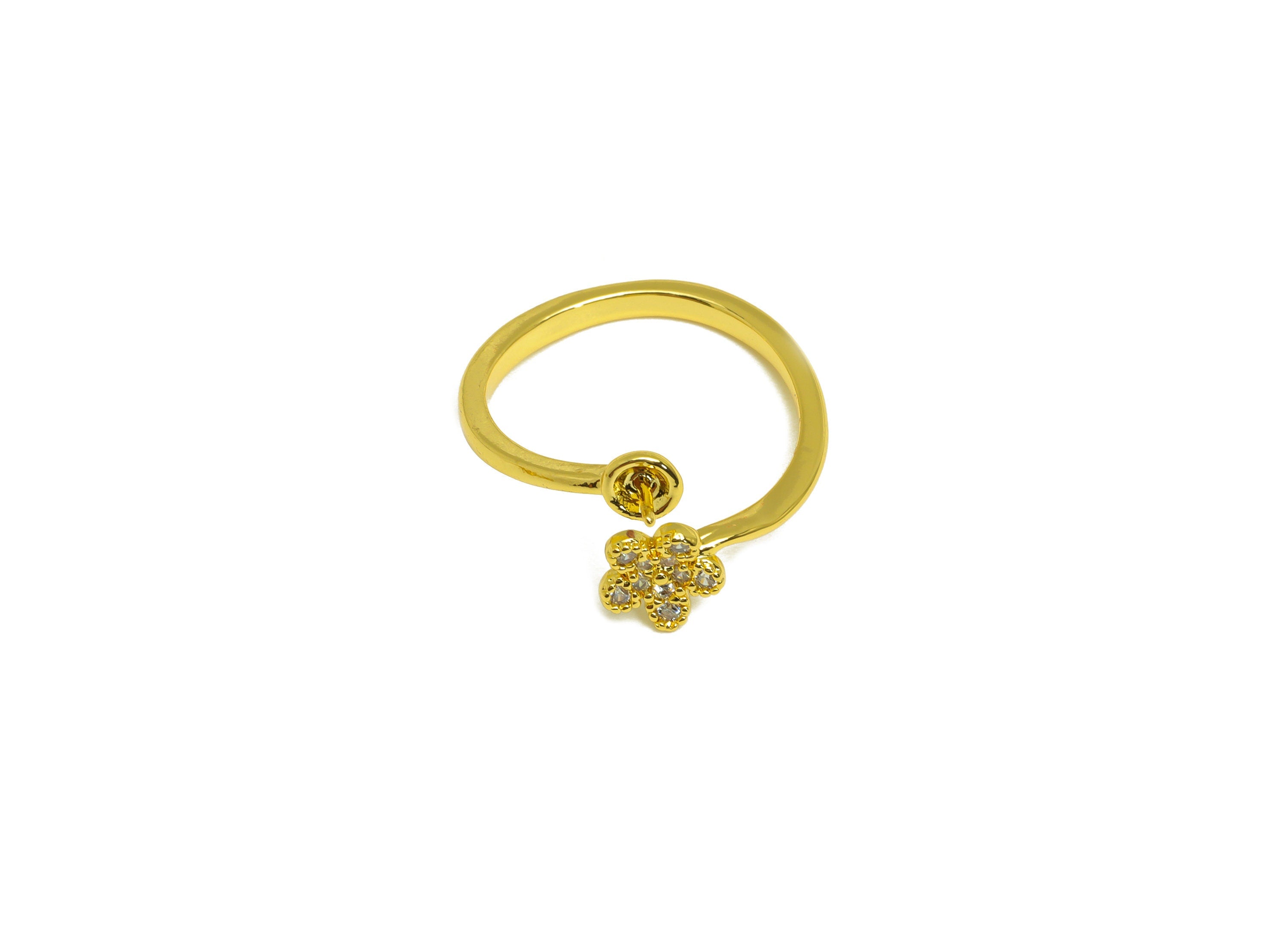 Brass CZ Open Ring - Brass Flower Ring - Brass Rings For Pearl - Cubic Zircon Adjustable Ring - 18K Real Gold Plating - 20x10x2mm - RGP7027 - DOMEDBAZAAR