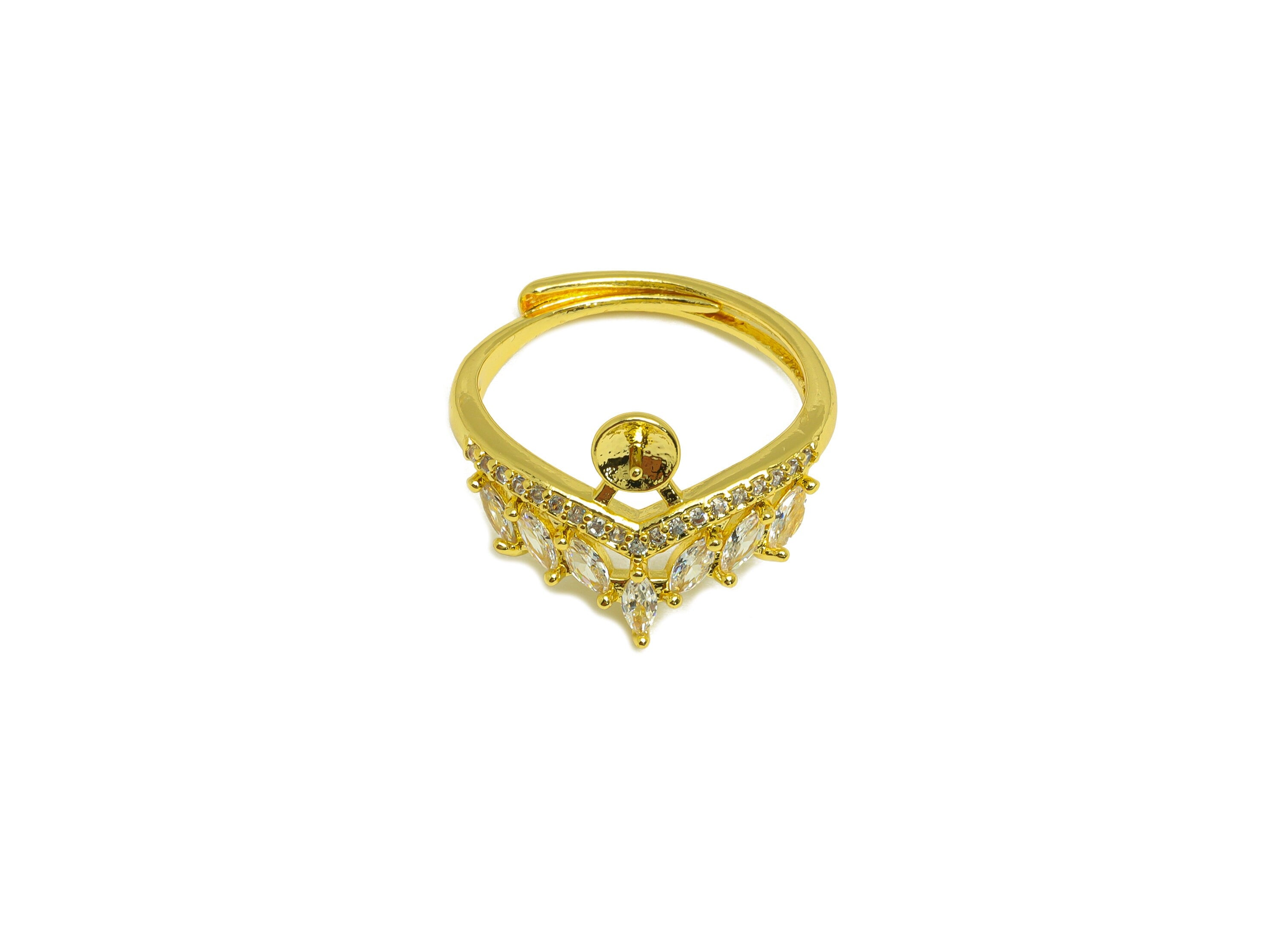 Brass CZ Adjustable Ring - Brass Marquise Ring - Brass Rings For Pearl - Cubic Zircon Crown Ring - 18K Real Gold Plating - 22x14x2mm-RGP7026 - DOMEDBAZAAR