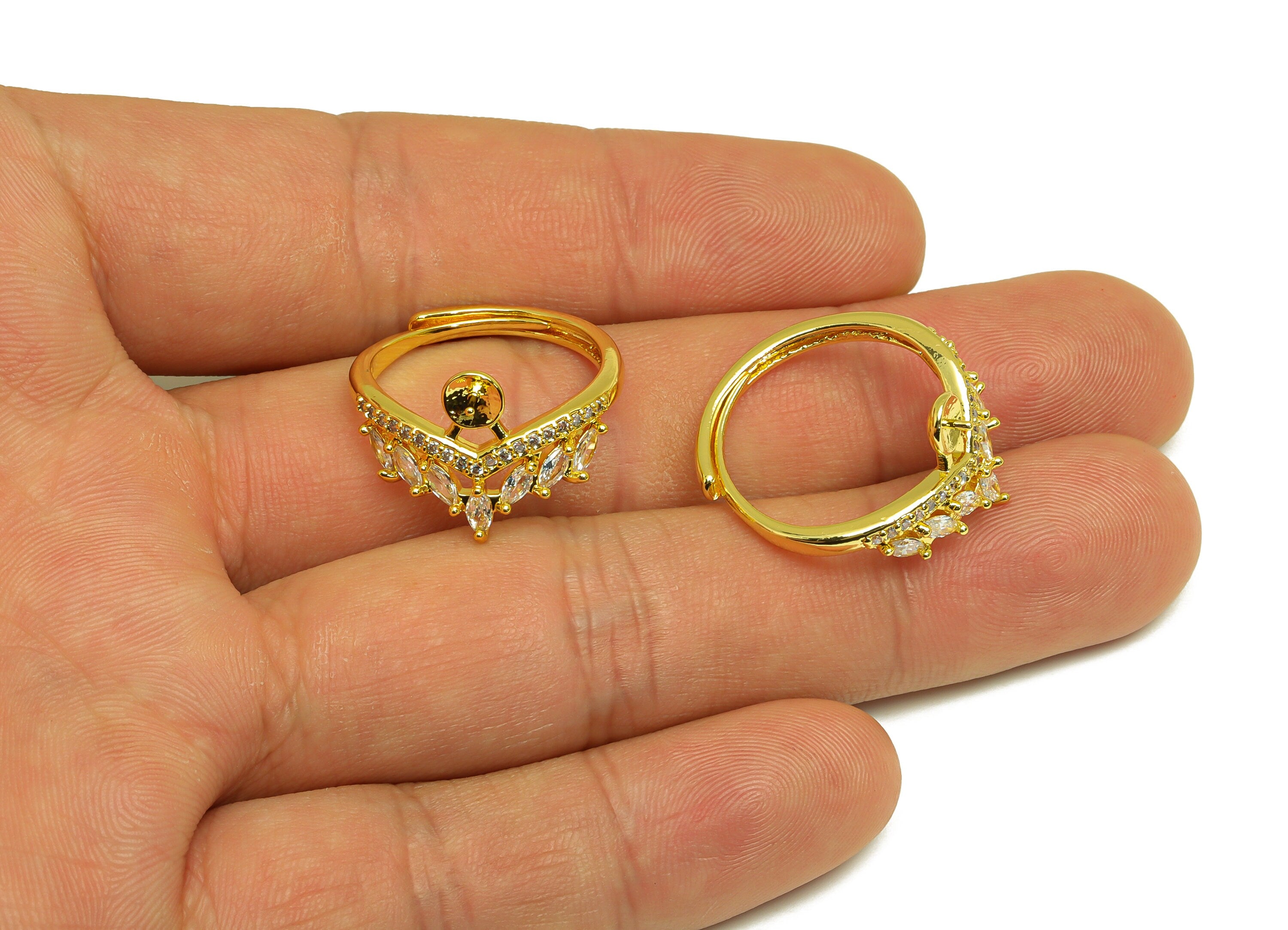 Brass CZ Adjustable Ring - Brass Marquise Ring - Brass Rings For Pearl - Cubic Zircon Crown Ring - 18K Real Gold Plating - 22x14x2mm-RGP7026 - DOMEDBAZAAR