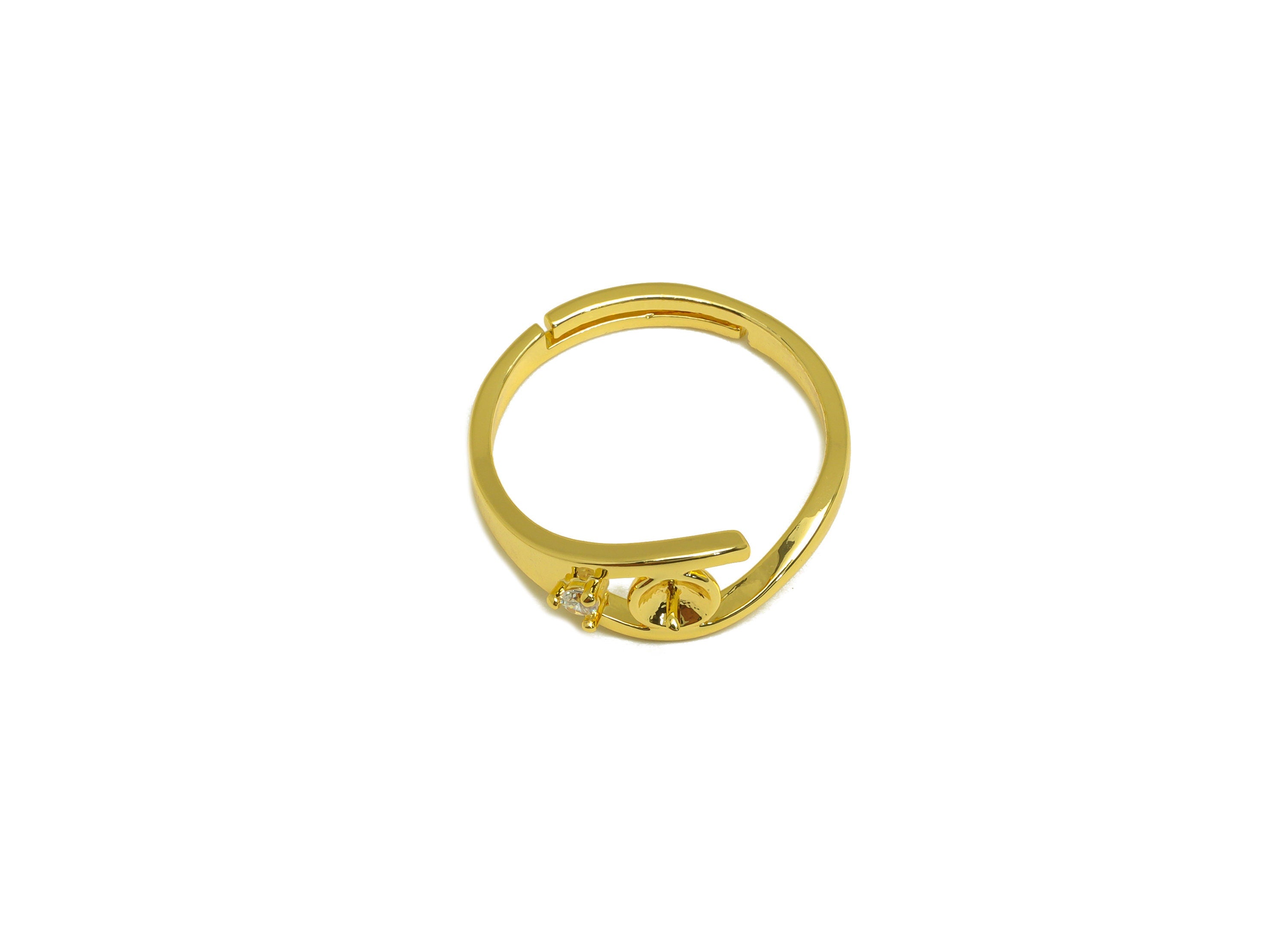 Brass CZ Adjustable Ring - Brass Mini Diamond Ring - Brass Rings For Pearl - Cubic Zircon Ring - 18K Real Gold Plating - 20x6x2mm - RGP7028 - DOMEDBAZAAR