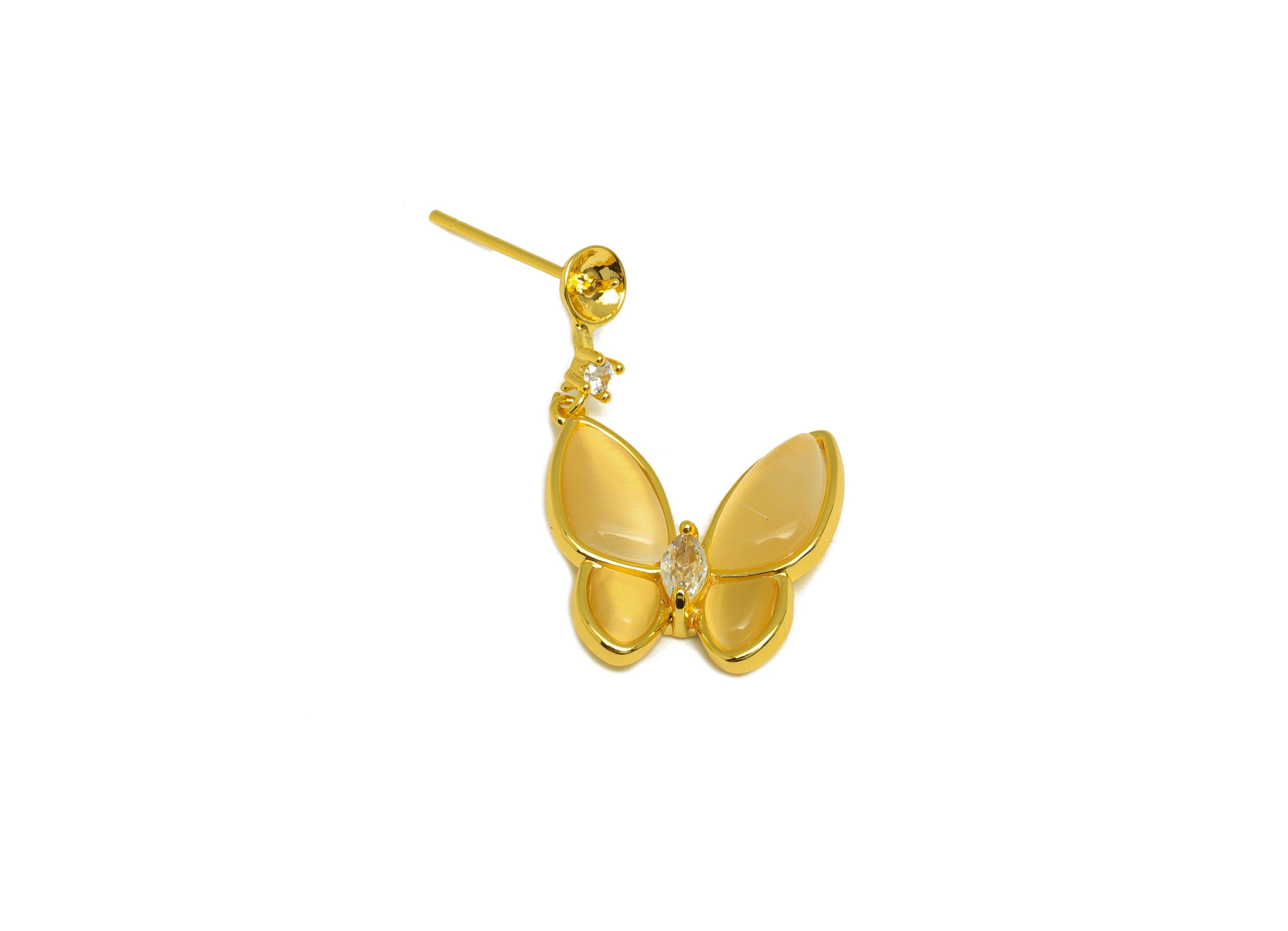 Brass Butterfly Earring Stud - Dangle Marquise Earring Post - Zircon Earring Post - Pearl Setting - 18K Real Gold Plating -22x16x1mm-RGP7034 - DOMEDBAZAAR