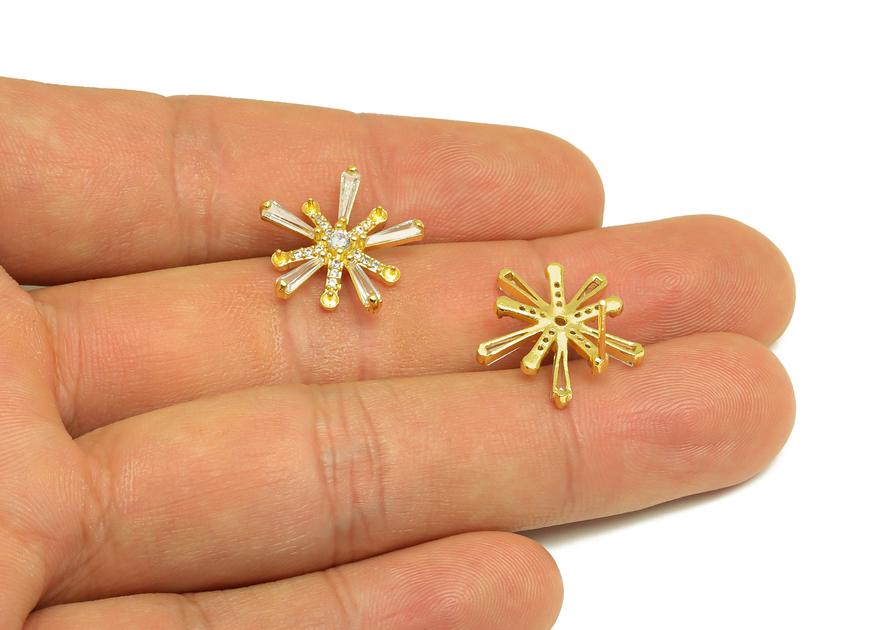 Brass CZ Flower Earring Stud - Brass Trapezoid Cubic Zircon Post For Pearl - Pearl Setting - 18K Real Gold Plating - 17x17x0.8mm - RGP7032 - DOMEDBAZAAR