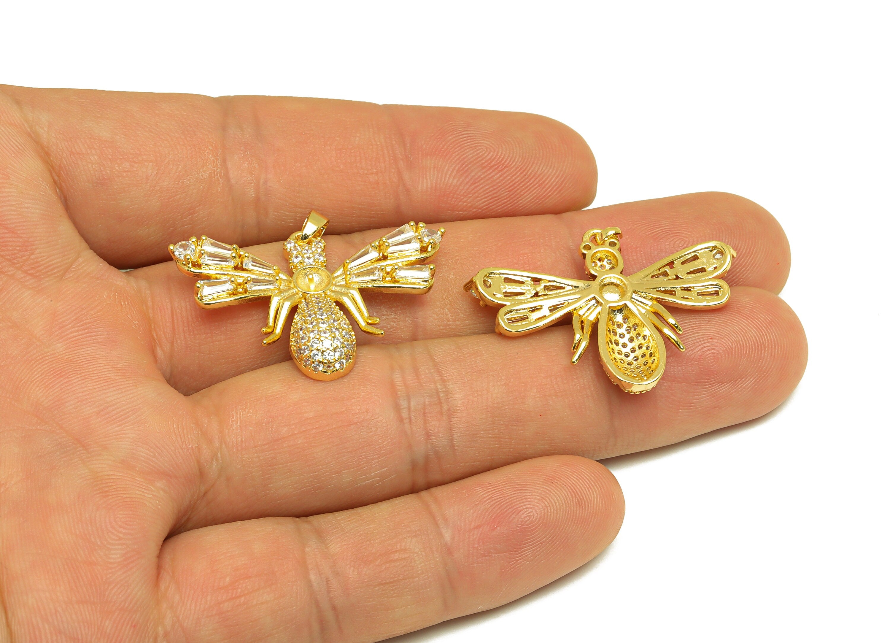 Brass CZ Bee Charm - Brass Trapezoid Cubic Zircon Pendant - Pearl Setting - Pendant for Pearl - 18K Real Gold Plating - 33x22x4mm - RGP7039 - DOMEDBAZAAR