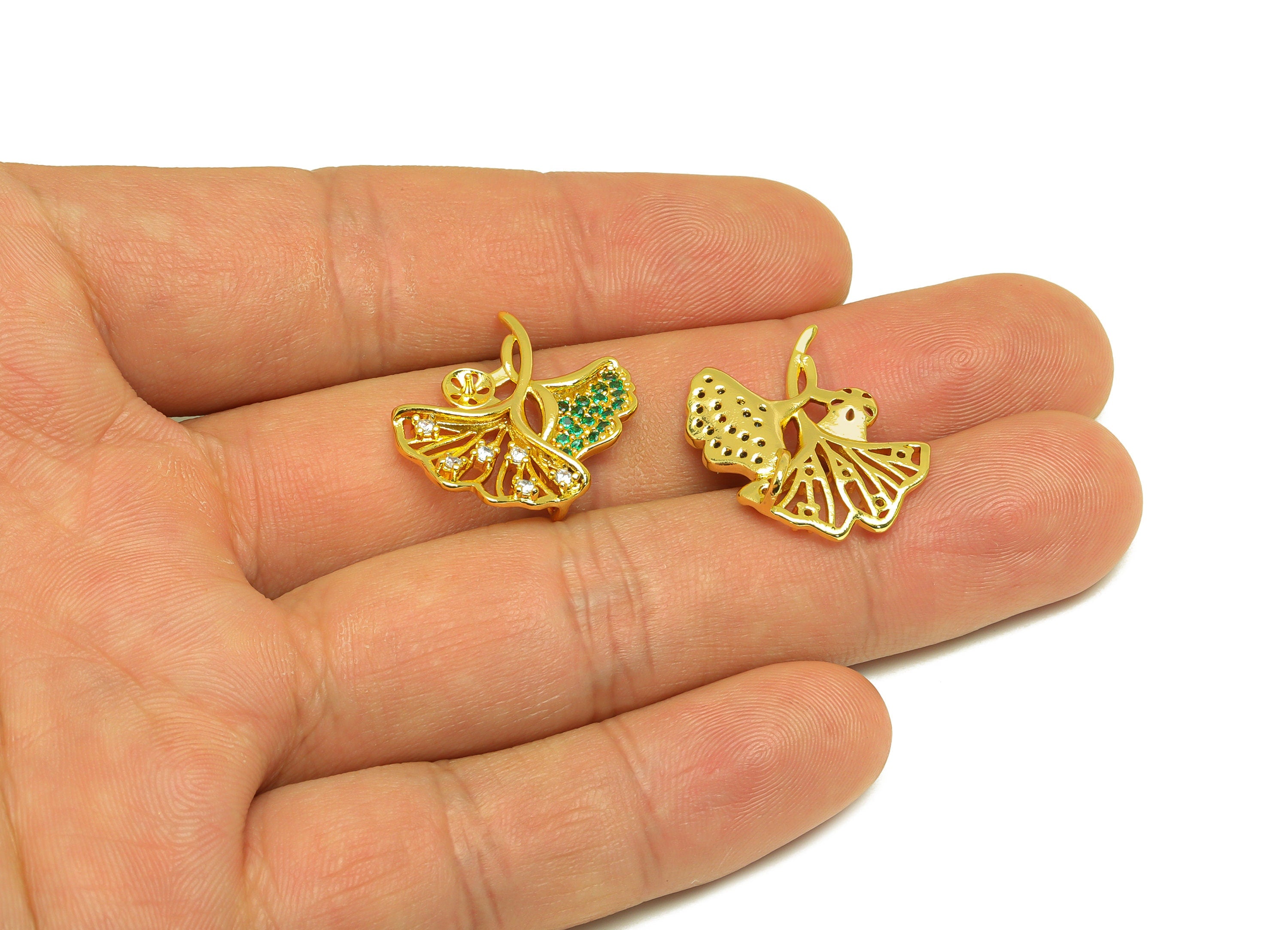 Brass CZ Ginkgo Charm - Brass Rainbow Cubic Zircon Charm - Brass Pendant For Pearl Setting - 18K Real Gold Plating - 22.5x21x3mm - RGP7031 - DOMEDBAZAAR