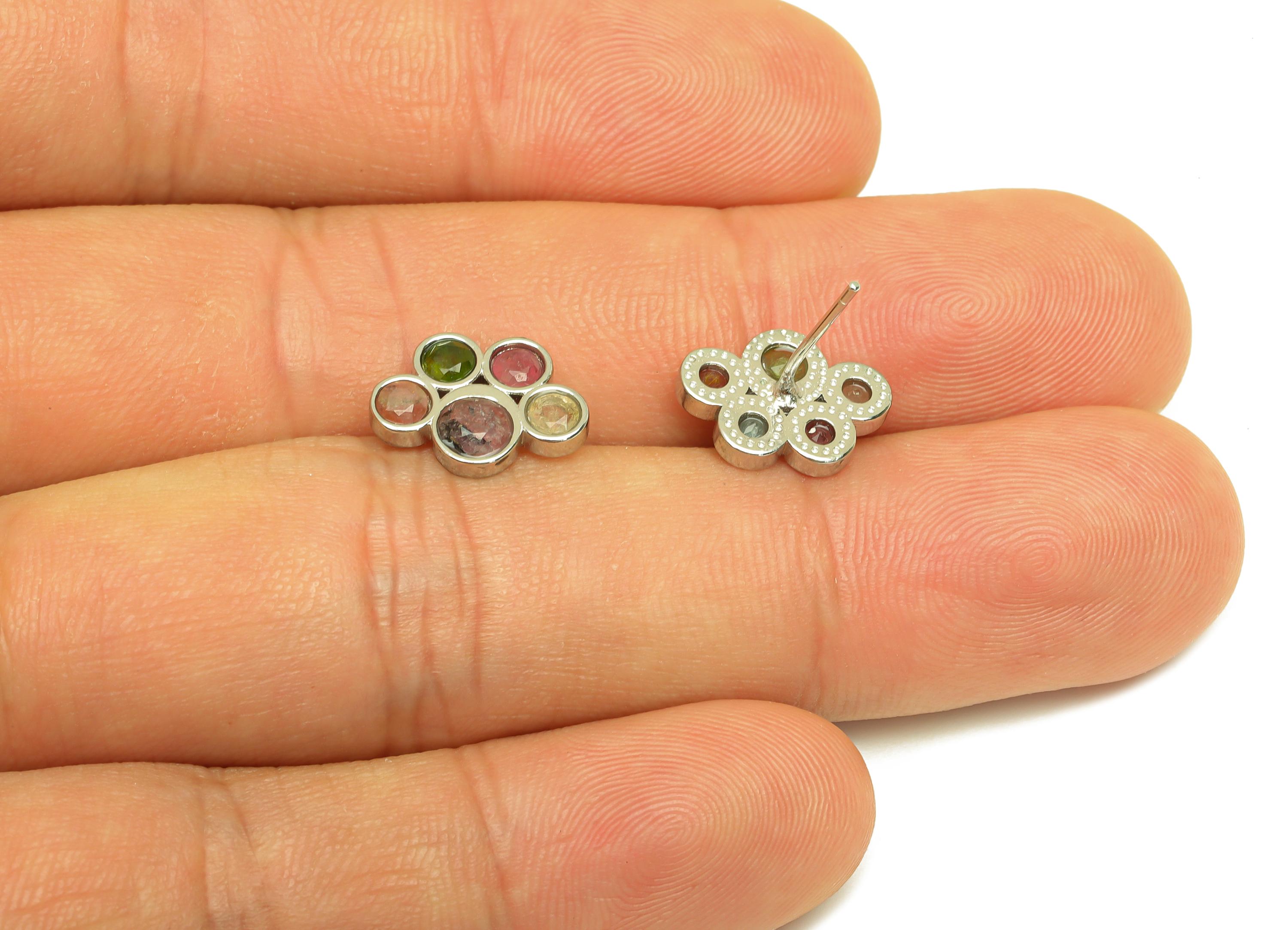Brass Tourmaline Earring Stud - Brass Faceted Earring Post - Rainbow Earring Post - Brass Stud - Silver Tone Plating - 14x12x0.6mm - RGP7277 - DOMEDBAZAAR