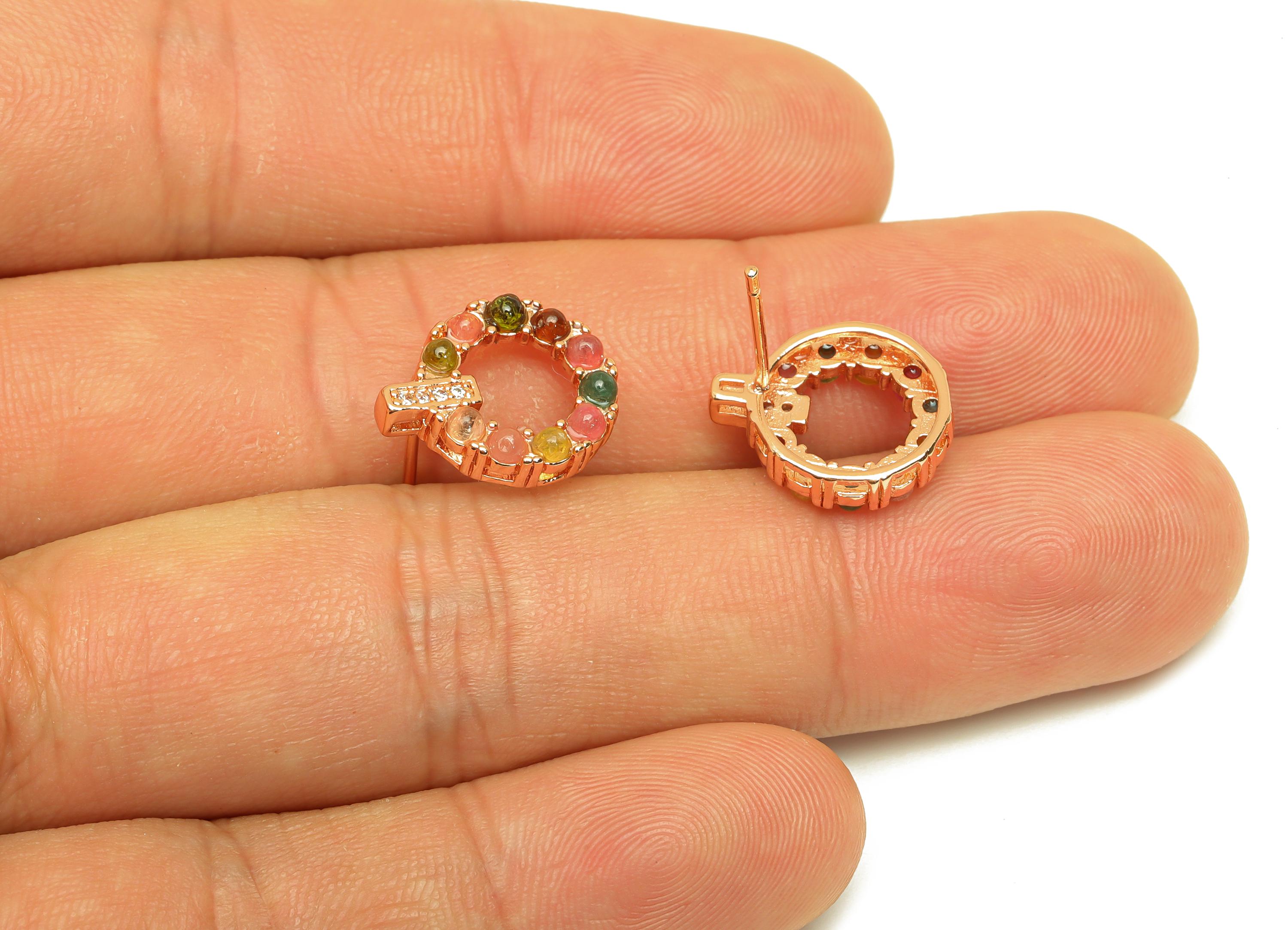 Brass Tourmaline Earring Stud - Brass Cubic Zircon Earring Post - Rainbow Earring Post - Rose Gold Tone Plating - 15x12x0.79mm - RGP7279 - DOMEDBAZAAR