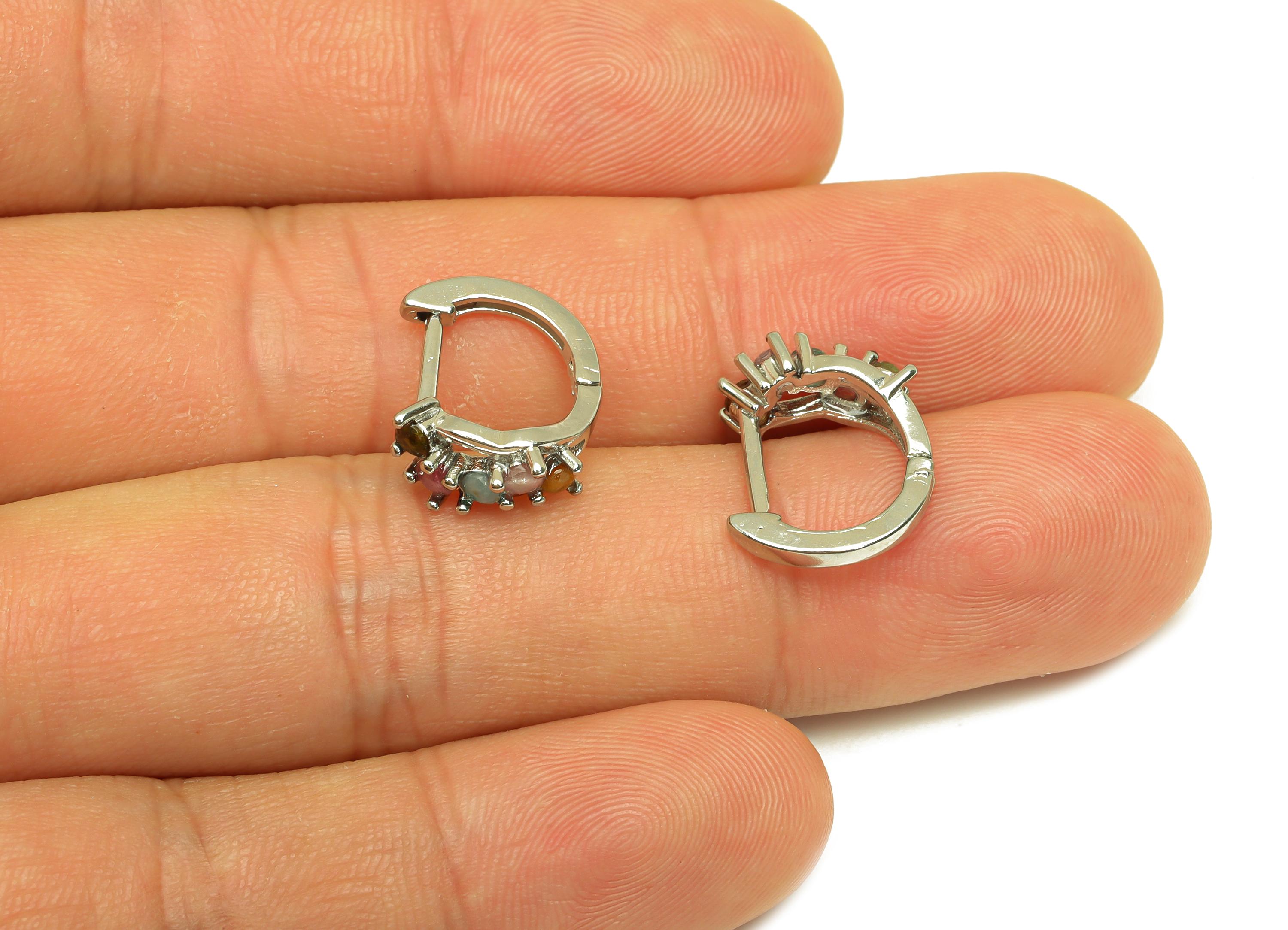 Brass Tourmaline Hoop Earring - Brass Huggie Hoop Earring - Rainbow Huggie Hoop Clasp - Silver Tone Plating - 15.59x5.56x1.18mm - RGP7282 - DOMEDBAZAAR