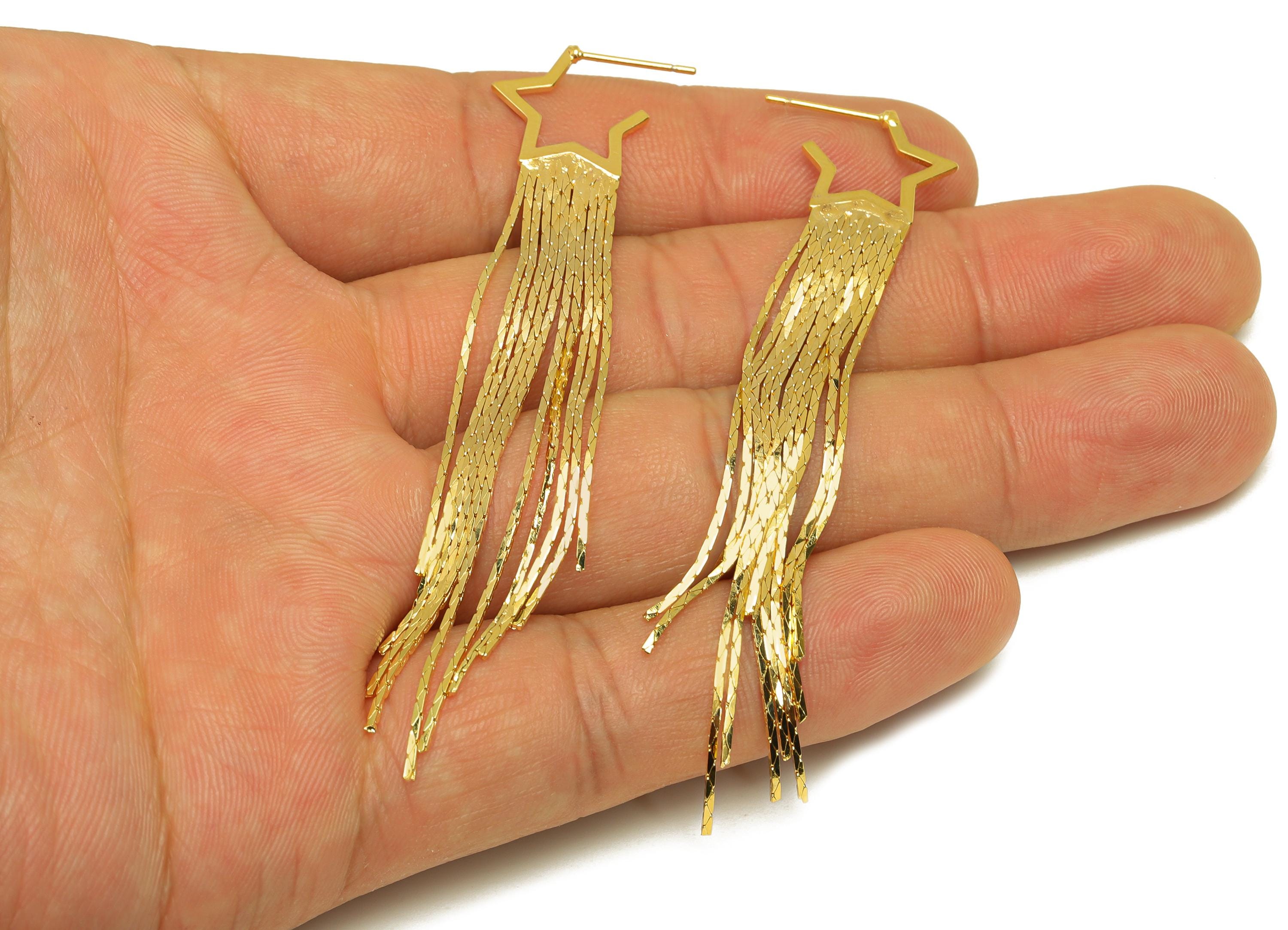 Brass Star Tassel Earring Stud - Open Star Tassel Wire Earring Post - Wire Tassel Earring Post - 18K Real Gold Plated - 80x14x0.7mm -RGP7314 - DOMEDBAZAAR