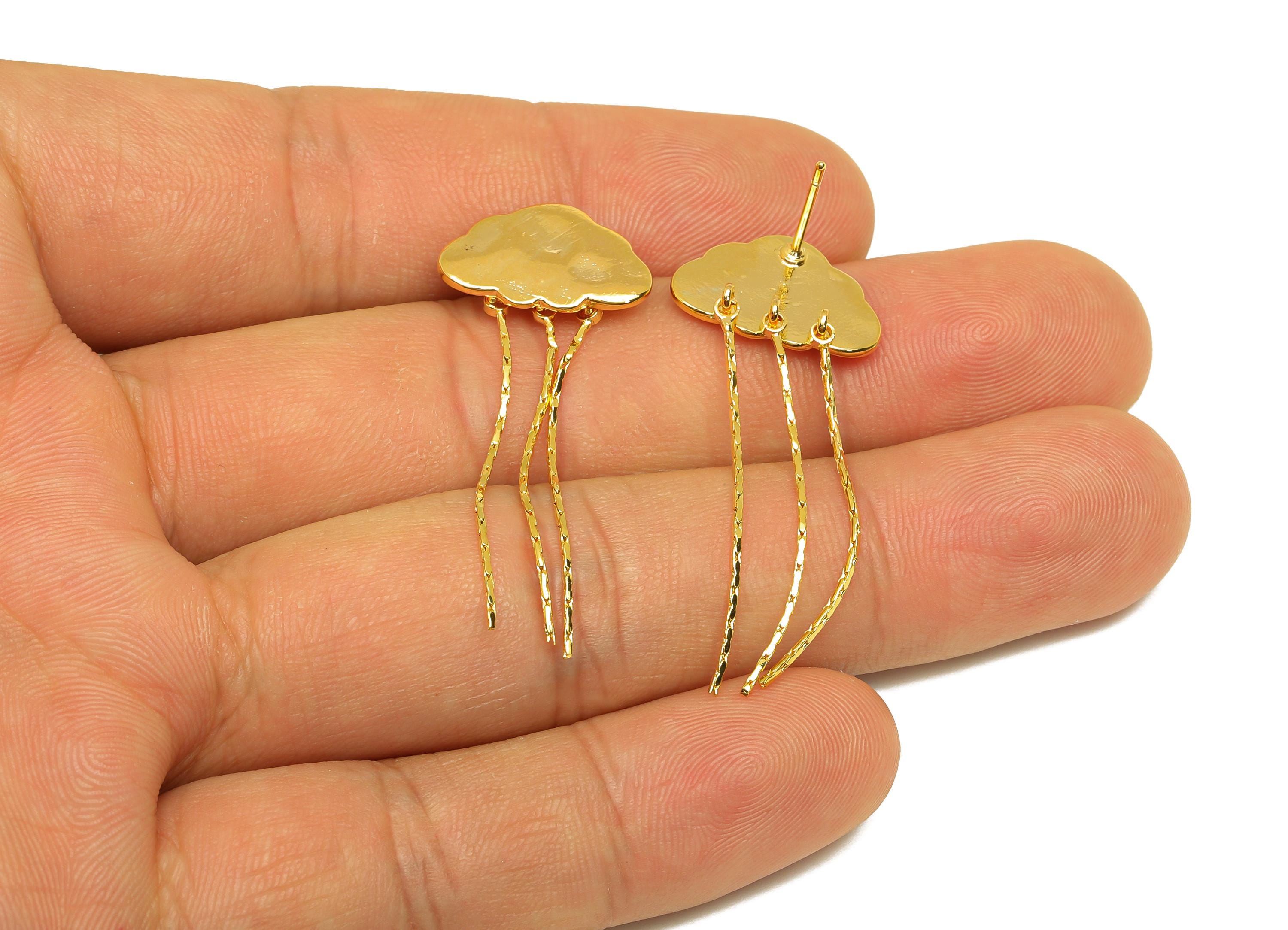 Brass Cloud Tassel Earring Stud - Brass Dangle Tassel Wire Earring Post - Textured Earring Post - 18K Real Gold Plated - 42x16x1mm - RGP7311 - DOMEDBAZAAR