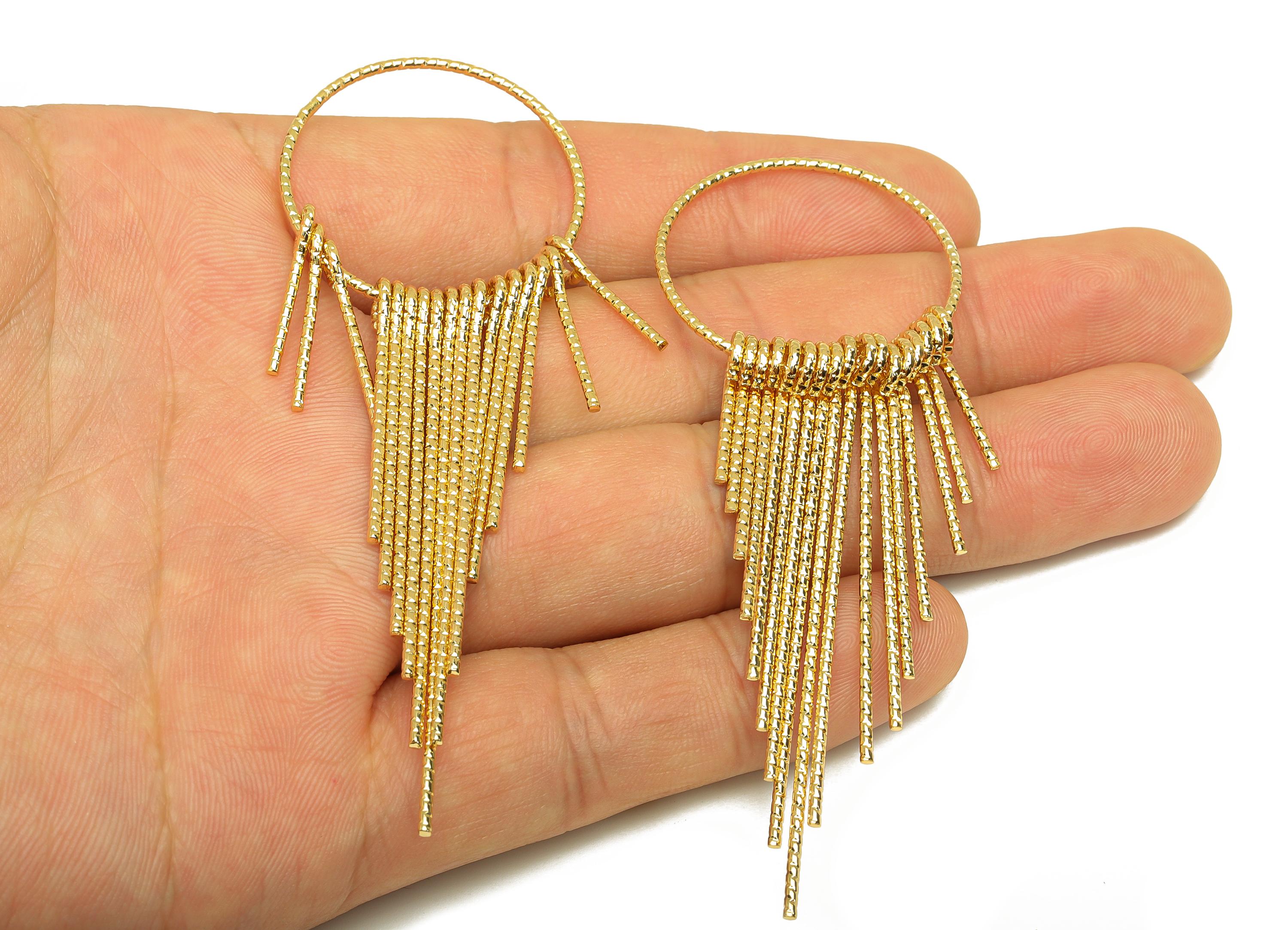 Brass Tassel Earring Charm - Brass Dangle Tassel Wire Earring Charm - Textured Earring Charm - 18K Real Gold Plated - 86x29x1.11mm - RGP7304 - DOMEDBAZAAR