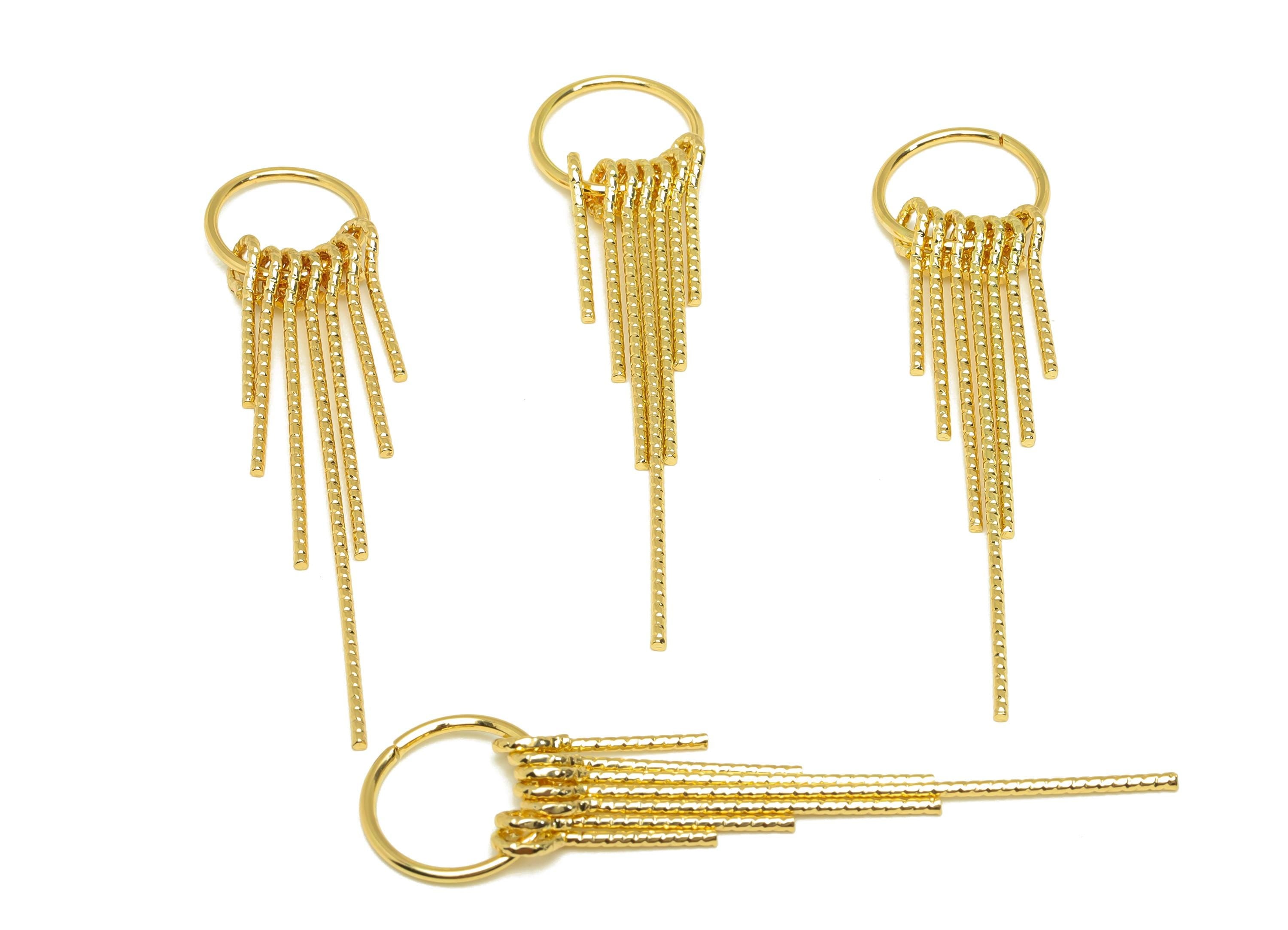 Brass Tassel Earring Charm - Brass Dangle 7 Tassel Wire Earring Charm - Textured Earring Charm - 18K Real Gold Plated - 67x15x1mm - RGP7303 - DOMEDBAZAAR