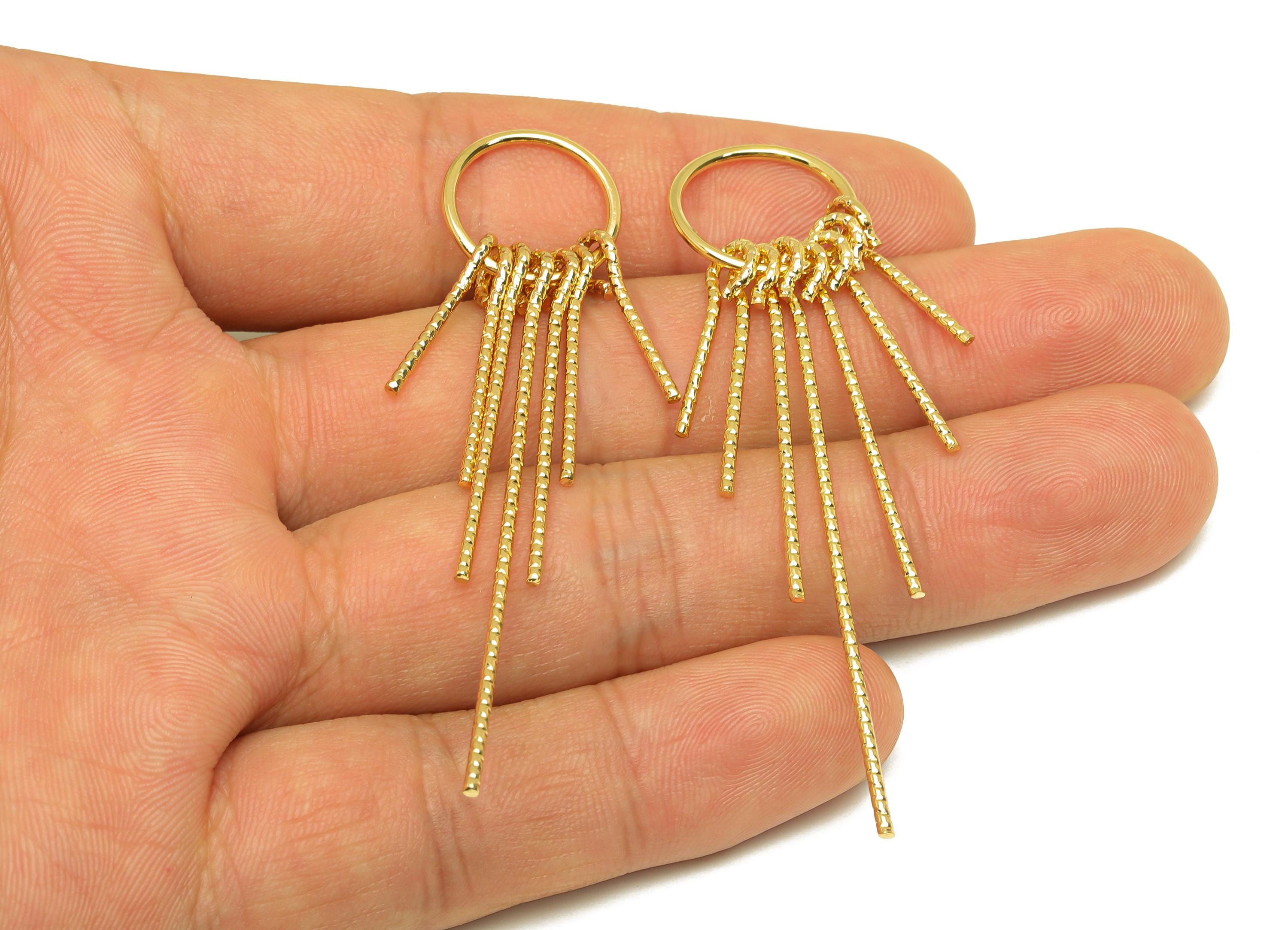 Brass Tassel Earring Charm - Brass Dangle 7 Tassel Wire Earring Charm - Textured Earring Charm - 18K Real Gold Plated - 67x15x1mm - RGP7303 - DOMEDBAZAAR