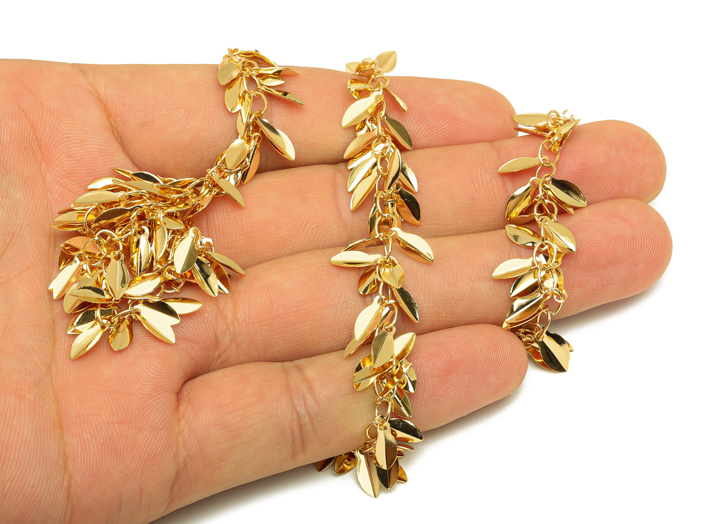 Brass Leaf Beaded Satellite Chain - Handmade Curb Chain - Brass Handmade Curb Chain - Handmade Chain - 18K Real Gold Plated - RGP7293 - DOMEDBAZAAR